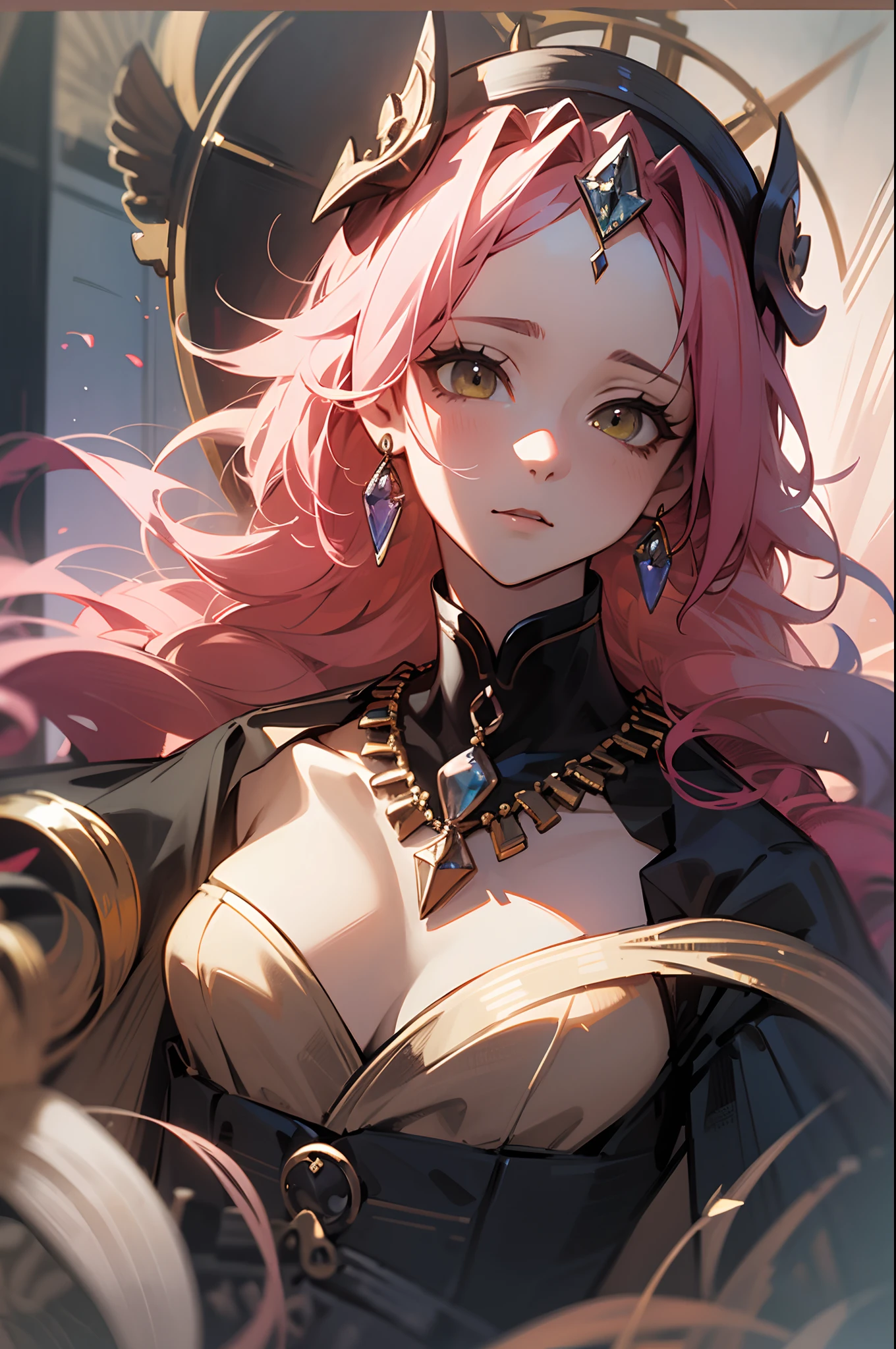 (Best Quality, 4K, 8K, hight resolution, masutepiece:1.2), Ultra-detailed, Noble maiden, Exquisite facial features，Expresses the details of long curly pink hair, Graceful posture, dreamy ambiance, expressive brush strokes, mystic atmosphere, artistic interpretation,Delicately coiled hair，Floral jewelry with exquisite details, Crystal Diamond Jewelry，Small fresh aesthetics，Stunning intricate costumes, fantasy illustrations, Subtle colors and tones, Details have been upgraded