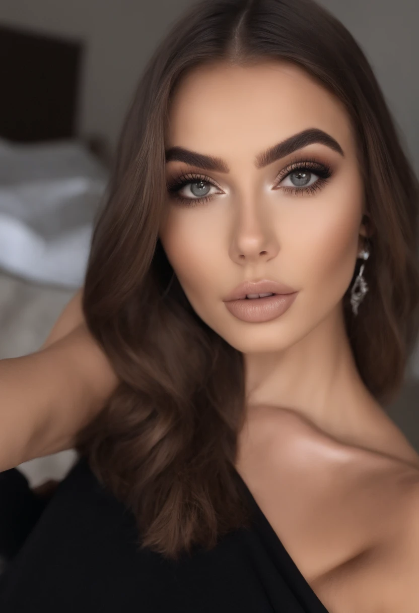 Arafed Mujer totalmente , Chica sexy con ojos marrones, ultra realista, meticulosamente detallado, Retrato Sophie Mudd, brown hair and large eyes, selfie de una mujer joven, Ojos de Dubai, Violeta Myers, sin maquillaje, Maquillaje natural, staring directly into camera, cara con artgram, maquillaje sutil, Impresionante foto de cuerpo completo arrodillado en la cama, En el dormitorio, Medium to large size bust ,  boobs