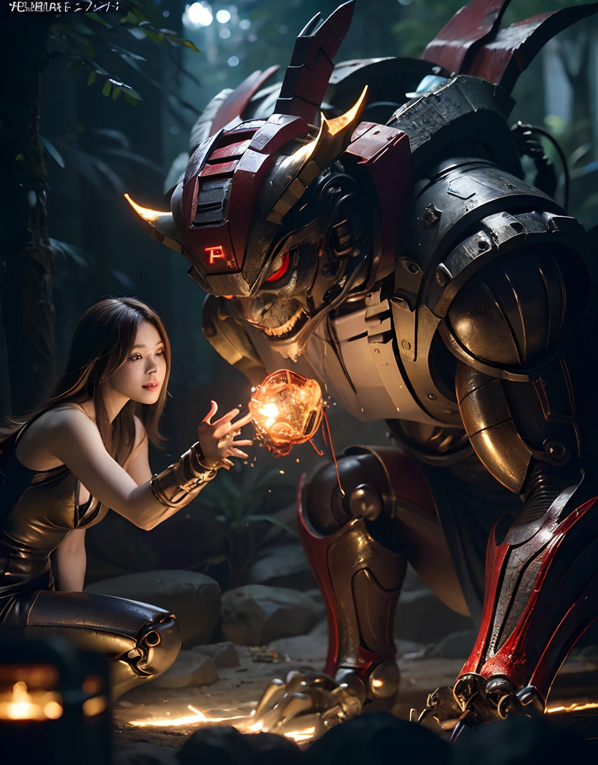 ((Fighting Demonic Beasts))、top-quality、masterpiece、超A high resolution、(Photorealsitic:1.4)、Raw photo、女の子1人、Golden hair、glowy skin、(((1 Mechanical Girl)))、With a beautiful knife、(Blue Metal Bodysuit)、(beautiful forest background)、(Fighting Demonic Beasts)、(Small LED)、((super realistic details))、portlate、(Strong giant demon beast background),globalillumination、Shadow、octan render、8K、ultrasharp、Colossal tits、Raw skin is exposed in cleavage、metals、Details of complex ornaments、Japan details、highly intricate detail、Realistic light、CGSoation Trends、Red Eyes、radiant eyes、Facing the camera、neon details、(Mechanical limbs)、(blood vessels connected to tubes)、Mechanical vertebrae attached to the back、mechanical cervical attaching to neck、(Wires and cables connecting to the head)、Gundam、Small LED、,Mechanical thighs、Toostock、(Hands are also made of machines)、(Attack of the Monster Beasts)、(Wounded in a deadly battle)、
