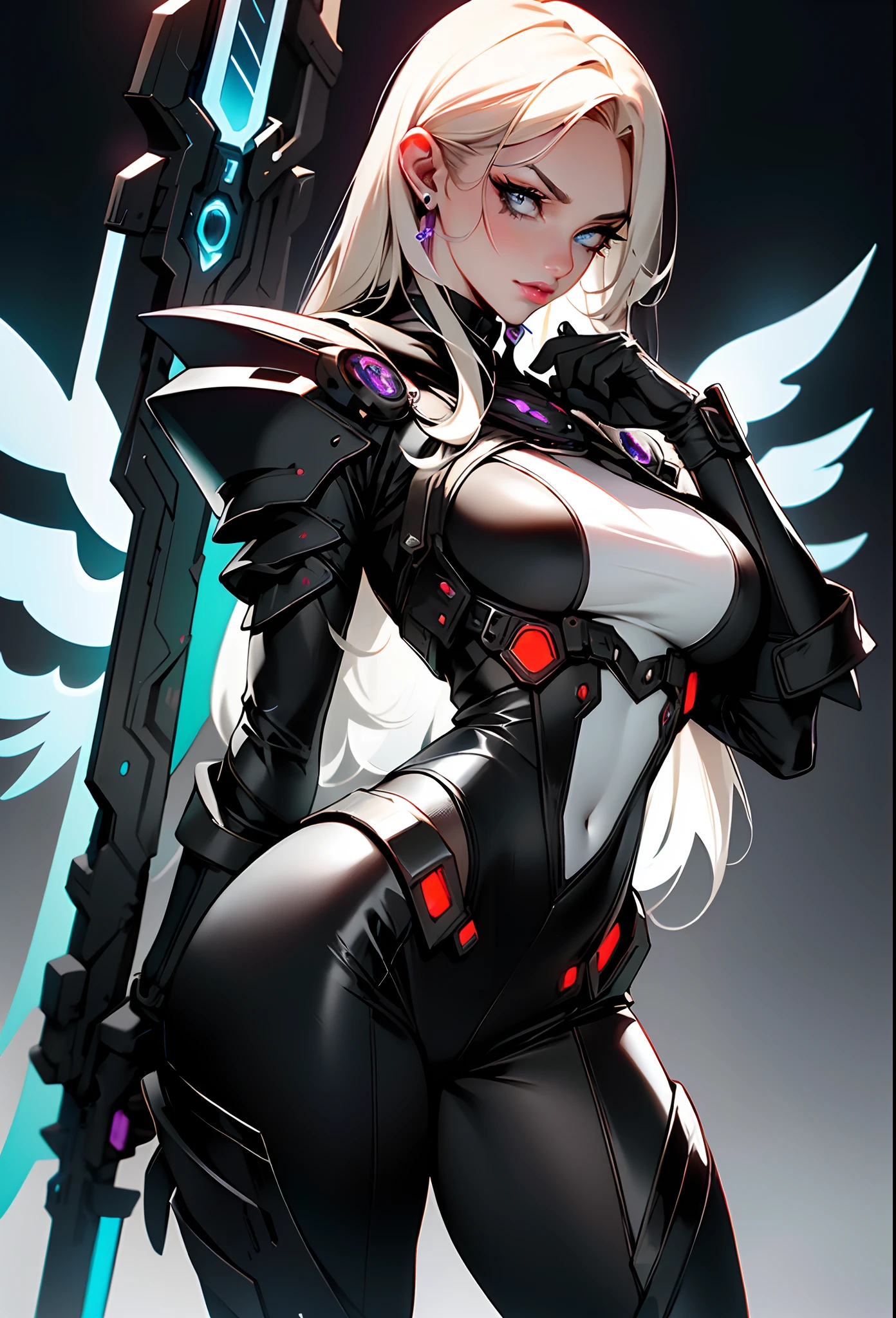 nijistyle,rfktr_technotrex,cyberpunk (sorceress, futuristic angelic wings on her back, She's dramatically standing seductively and Alluring. Sensual. Her outfit is very sexy and showing a lot revealing, She's holding a fire energy sword. :1.2) wearing armor, robes, cape, blend fantasy and science fiction together, techno-mancer inspired by D&D, Shadowrun, forgotten realms, art inspired by balder's gate 3 art, wlop, dramatic low lens facing up. Full body portrait. Luminous. Techno cyberpunk futuristicinematic background. 4k, 8k. UHD, intricately detailed. Greasy skin. Realistic color. Bold and vivid colors. Fine line quality.