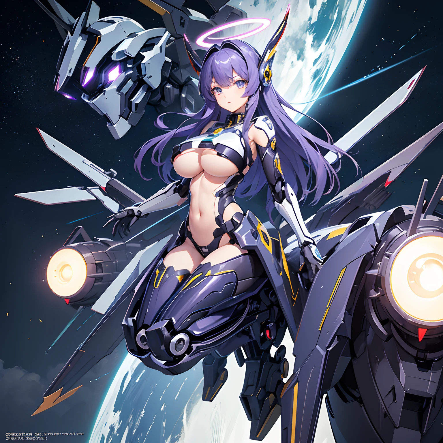 solo, alone, mecha musume, mechanical parts, robot joints, single mechanical arm, headgear, mechanical halo, star halo, intricate mechanical bodysuit, mecha corset, full body, hair between eyes, glowing eye, eye trail, pond, starry sky, skyline ((gigantic boobs)) ((bare belly)) ((mecha lingerie)) ((purple hair))