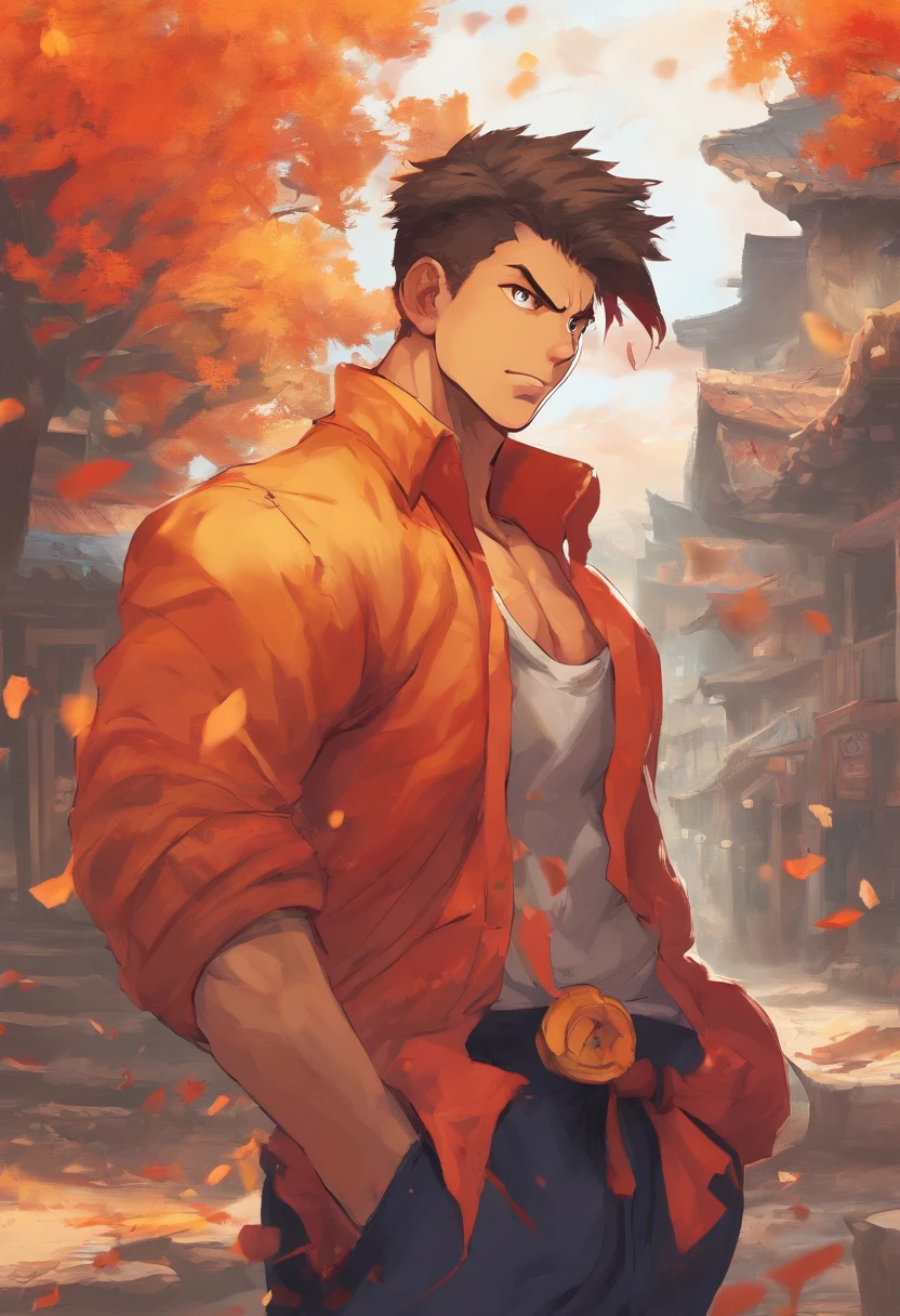(((masterpiece))),best quality, autumn scenery, 1man, warm color, short hair, smile, calm expression