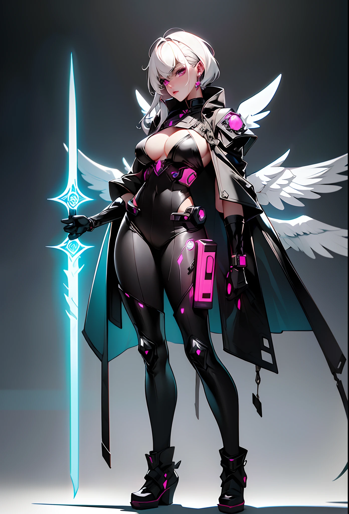 nijistyle,rfktr_technotrex,cyberpunk (sorceress, futuristic angelic wings on her back, She's dramatically standing seductively and Alluring. Sensual. Her outfit is very sexy and showing a lot revealing, She's holding a fire energy sword. :1.2) wearing armor, robes, cape, blend fantasy and science fiction together, techno-mancer inspired by D&D, Shadowrun, forgotten realms, art inspired by balder's gate 3 art, wlop, dramatic low lens facing up. Full body portrait. Luminous. Techno cyberpunk futuristicinematic background. 4k, 8k. UHD, intricately detailed. Greasy skin. Realistic color. Bold and vivid colors. Fine line quality.