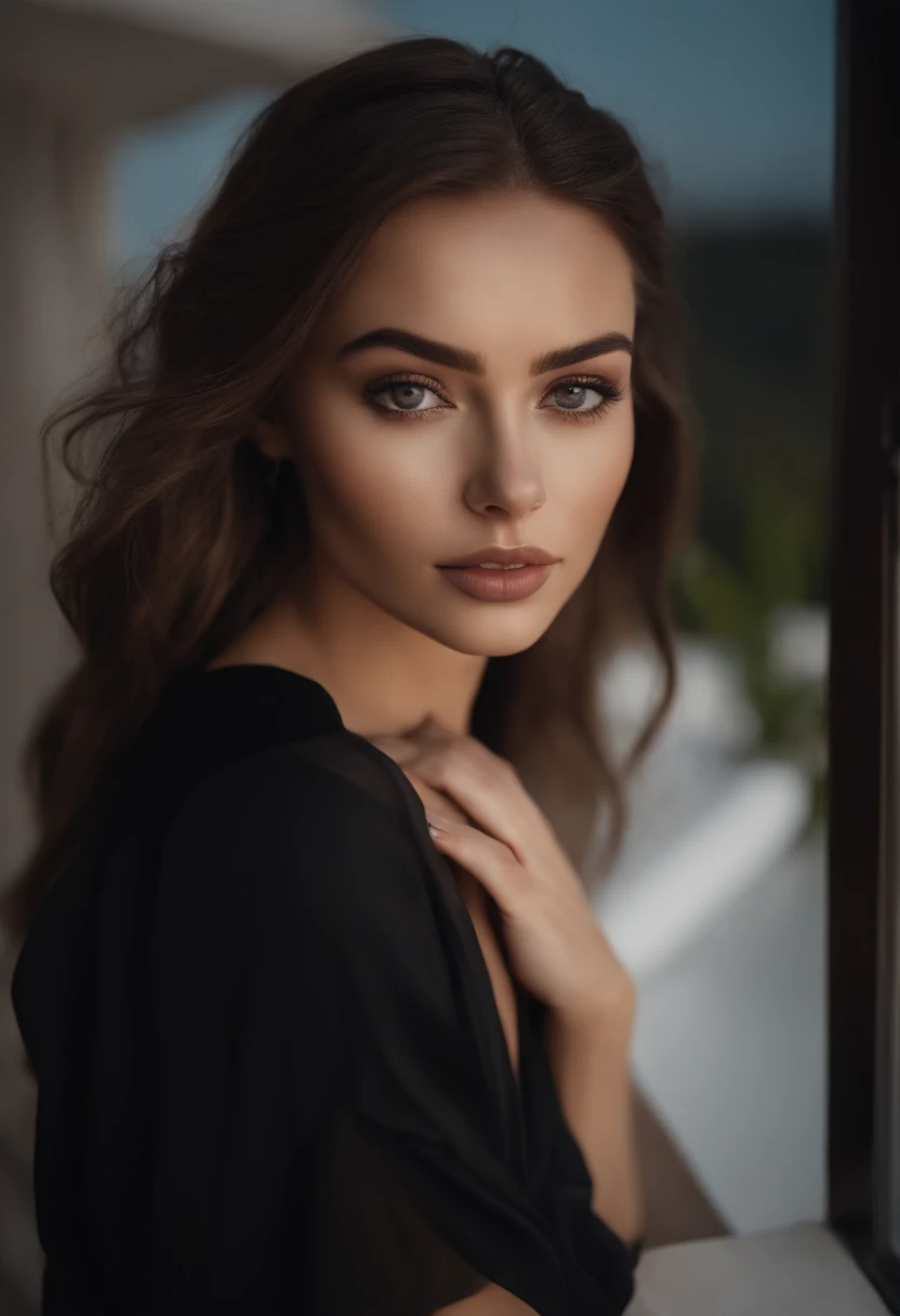 arafed woman with black clothes, sexy girl with brown eyes, portrait sophie mudd, brown hair and large eyes, selfie of a young woman, bedroom eyes, violet myers, without makeup, natural makeup, looking directly at the camera, face with artgram, subtle makeup, stunning full body shot, on a balcony having mountains behind her, cleavage