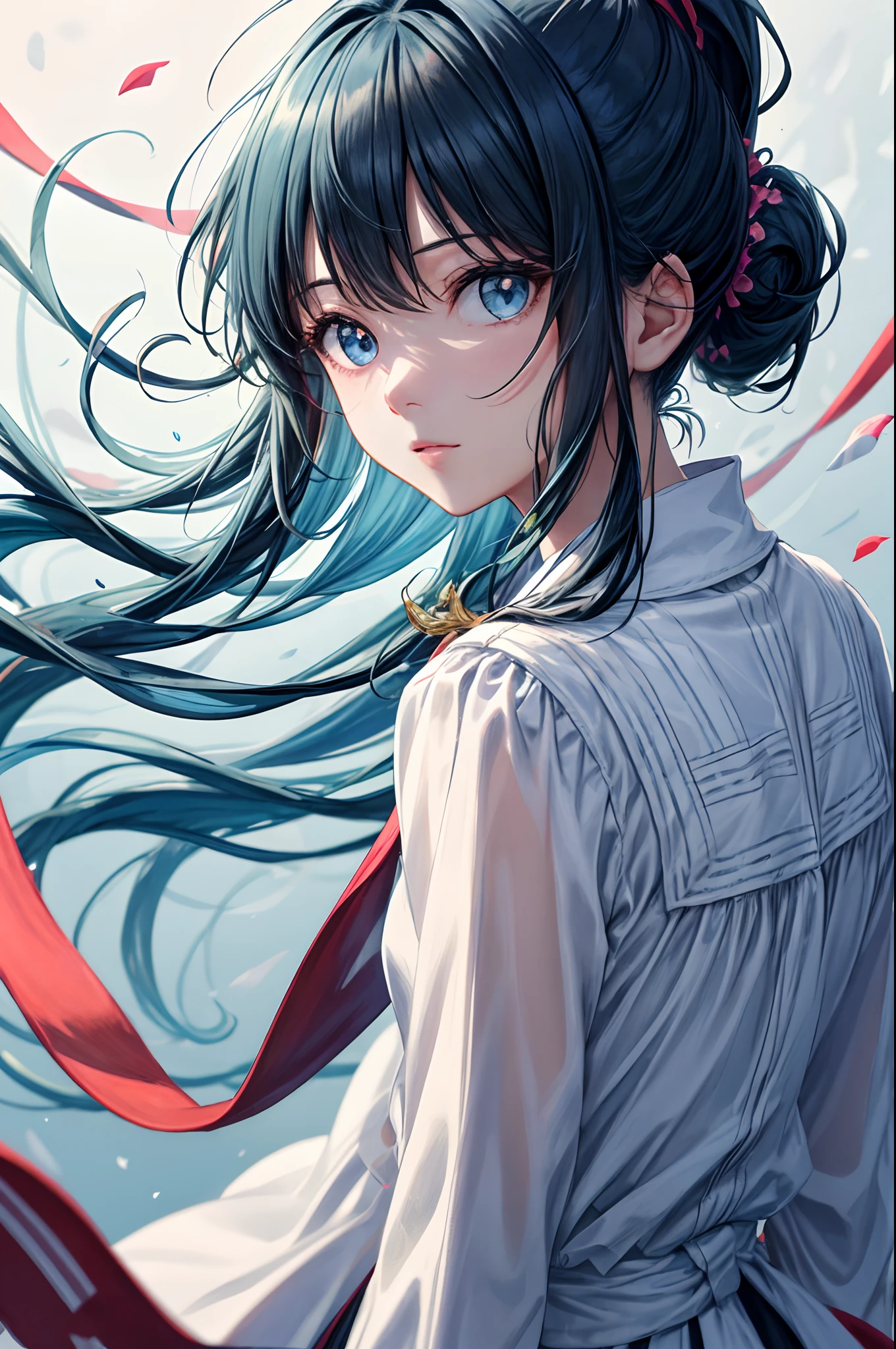 (masterpiece), (best quality), (ultra detailed),(disheveled hair),(illustration), (1girl), (Fashionable clothing), standing, Fashion model, looking at viewer, (interview), (simple background),beautiful detailed eyes, delicate beautiful face, Floating,(high saturation),(colorful splashes),colorful bubble,(shining), focus on face, ponytail, kamisato ayaka, light blue hair, bangs, hair ring, floating flowers, floating hairs, (shining), best lighting, best shadow,