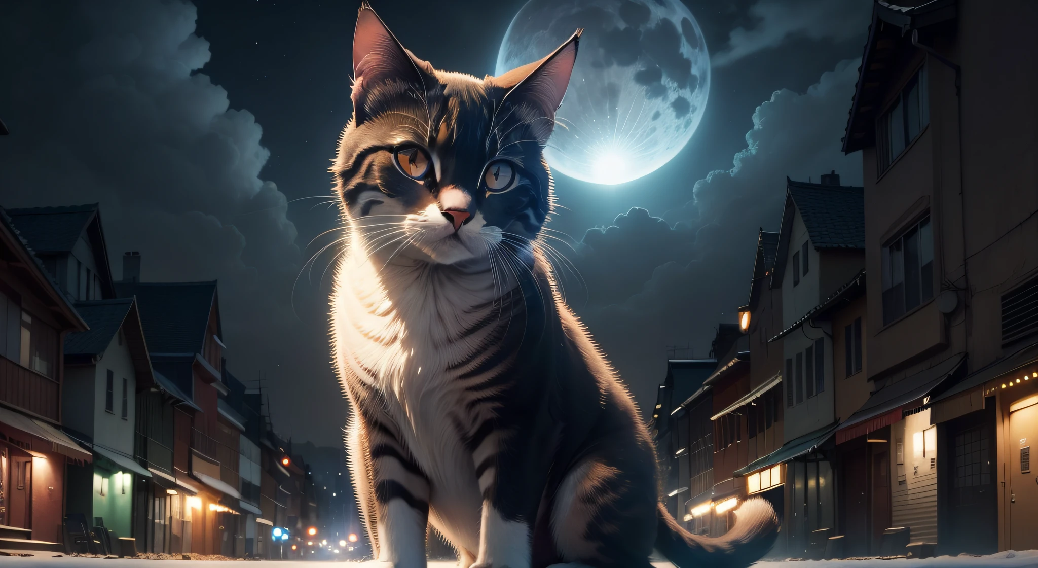 gatos、cityscape at night、odd eye、lua cheia