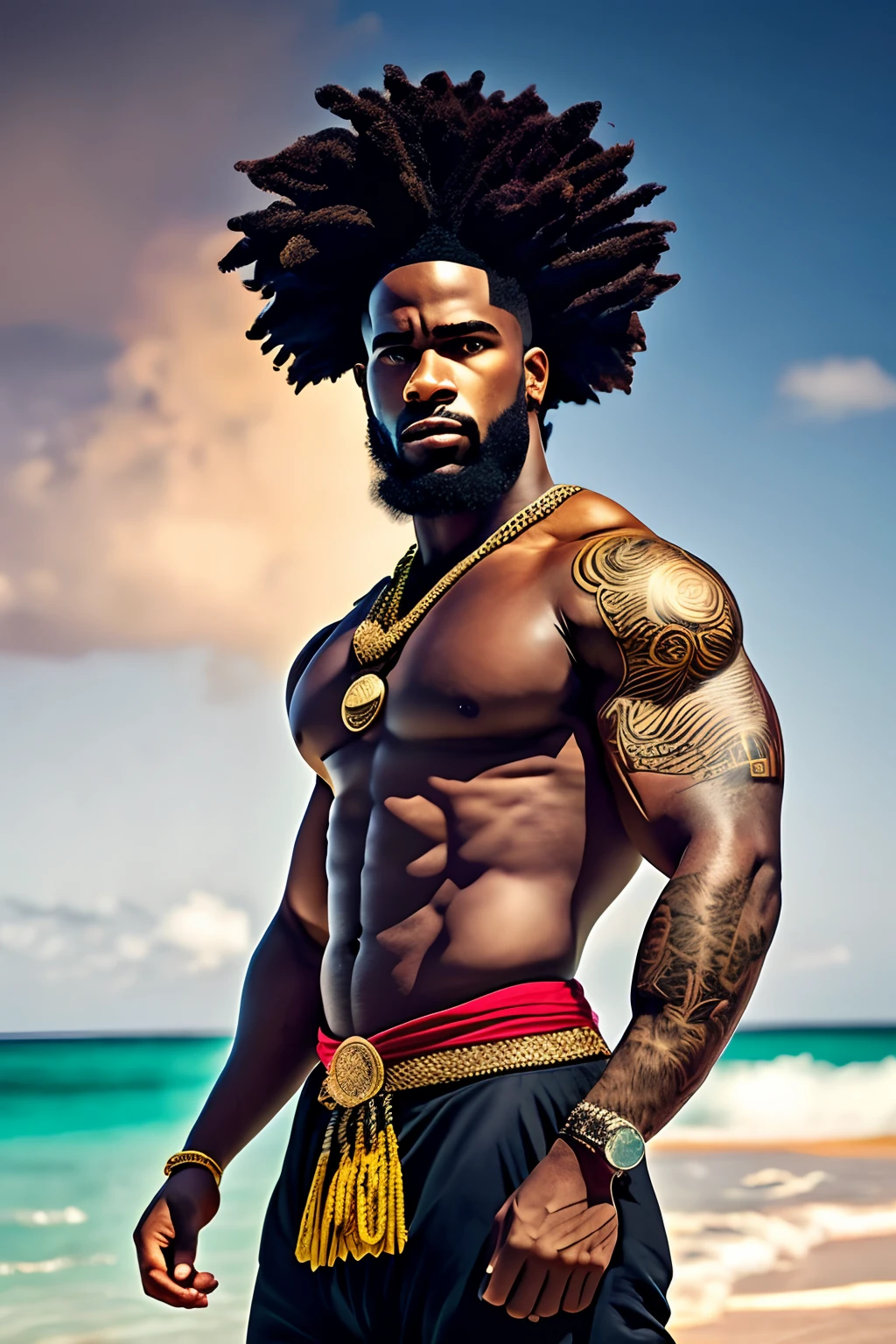 Create an image of a black ninja after an apocalypse in the future, afro cabelo caindo para frente, Rasta type but braided, corpo inteiro, vestindo um traje indiano ribulo africano corpo inteiro, A realistic 4K phoenix with blue feathers, dourado, cosmico , com uma Moreno, de cabelo afro cabelo caindo para frente, Rasta type but braided, Estilo Art Vista de Corpo Inteiro, plano completo, vista frontal, Vista lateral, vista traseira, de personagem, Multiple views and poses, various points of view, um personagem, corpo inteiro, personagem com menos, estilo de roupa, no mesmo Estilo de cabelo, less Type of footwear, strong full-body vision, plano completo, vista frontal, vista traseira, design de personagem, Multiple views and poses, various points of view, de um personagem, corpo inteiro,, personagem com mesmo, estilo de roupa, no mesmo Estilo de cabelo, same type of footwearThe route follows the cores of the Cape Verde flag. The top is deep blue, simbolizando o oceano que cerca as ilhas. The chest and the central part are white, representando a paz e a unidade do povo cabo-verdiano. The sleeves and legs are red, denoting determination and spirit, do 10 Estrelas Douradas, : Ten gold stars are prominently displayed at the top of the costume, ao longo do peito e ombros, representando as 10 principais ilhas de Cabo Verde. Cada estrela, It is carefully detailed and shines brightly against the background Star Belt A wide belt, also golden, is used in Tribal Details, O traje incorpora elementos tribais discretos em seu design, referencing the cultural heritage of Cape Verde