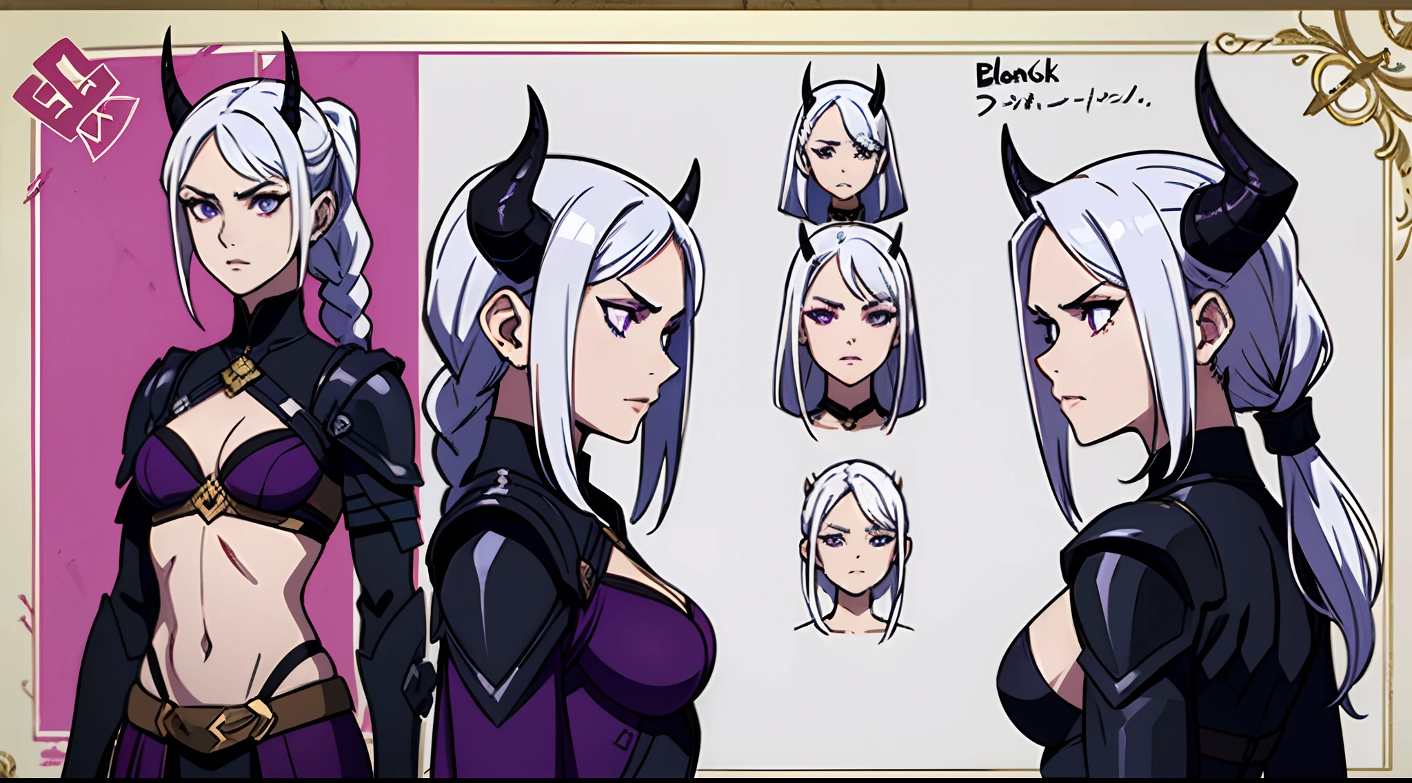 (Masterpiece, best quality), detailed, character sheet, many items (character design sheet, the same person, front, back, side), (black demon horns, fantasy armor, blood magic wizard, horny, many parts), detailed purple eyes, detailed face, Serious face, different expressions, small boobs, B cup, white hair and white skin, braided ponytail, full of details.