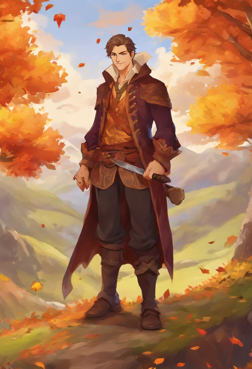 (((masterpiece))),best quality, autumn scenery, 1man, warm color, short hair, smile, calm expression
