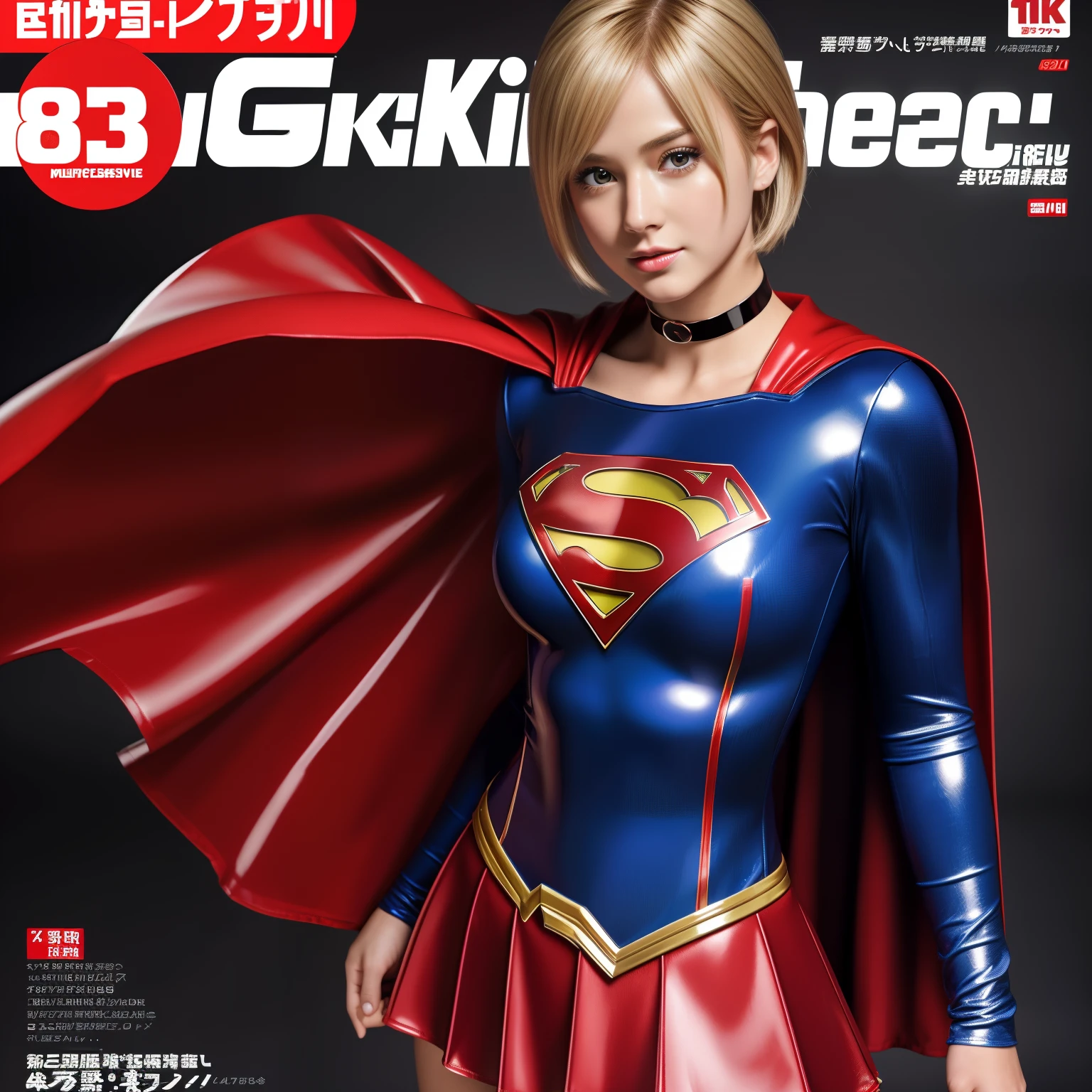 (best quality,4k,8k,highres,masterpiece:1.2),ultra-detailed,realistic:1.37,a masterpiece,Short-haired Supergirl、large full breasts、Looking at the camera、Glossy costume、a choker、Too short miniskirt、Shiny bright red enamel boots、Magazine covers、Shonen Magazine、Film adaptation
