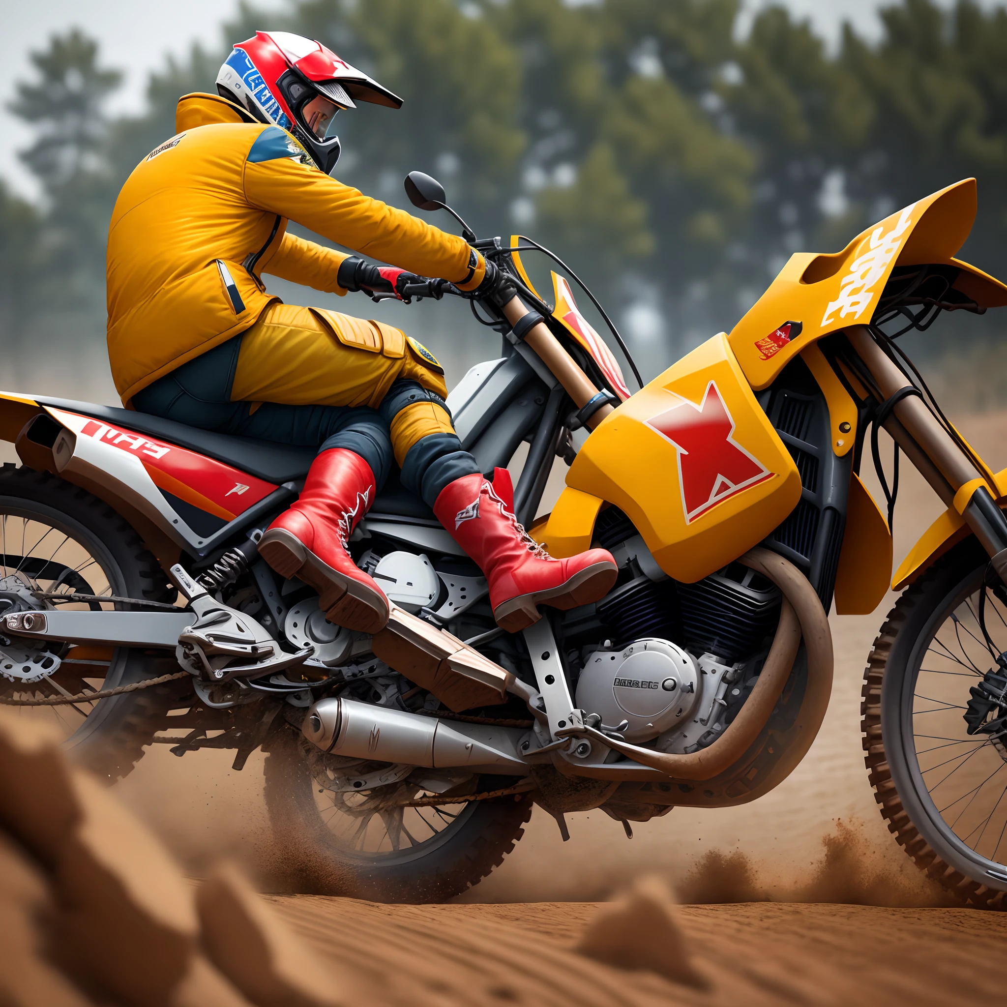 A hero using red boots, yellow jacket, red pants and a motocross helmet
