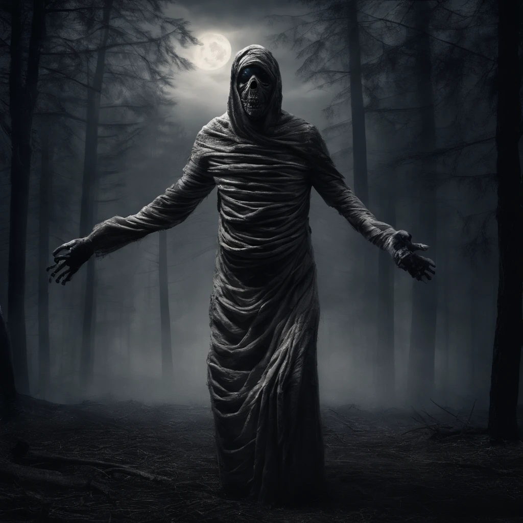 create an image of a mummy covered in dirty white bandages wearing a black robe in a thunderstorm of a pine forest at night, creepy, dark vibes, horror, scary shadowy eyes, photo realistic, cinematic moon lighting