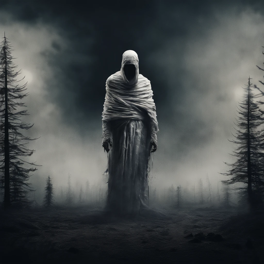 create an image of a mummy covered in dirty white bandages wearing a black robe in a thunderstorm of a pine forest at night, creepy, dark vibes, horror, scary shadowy eyes, photo realistic, cinematic moon lighting