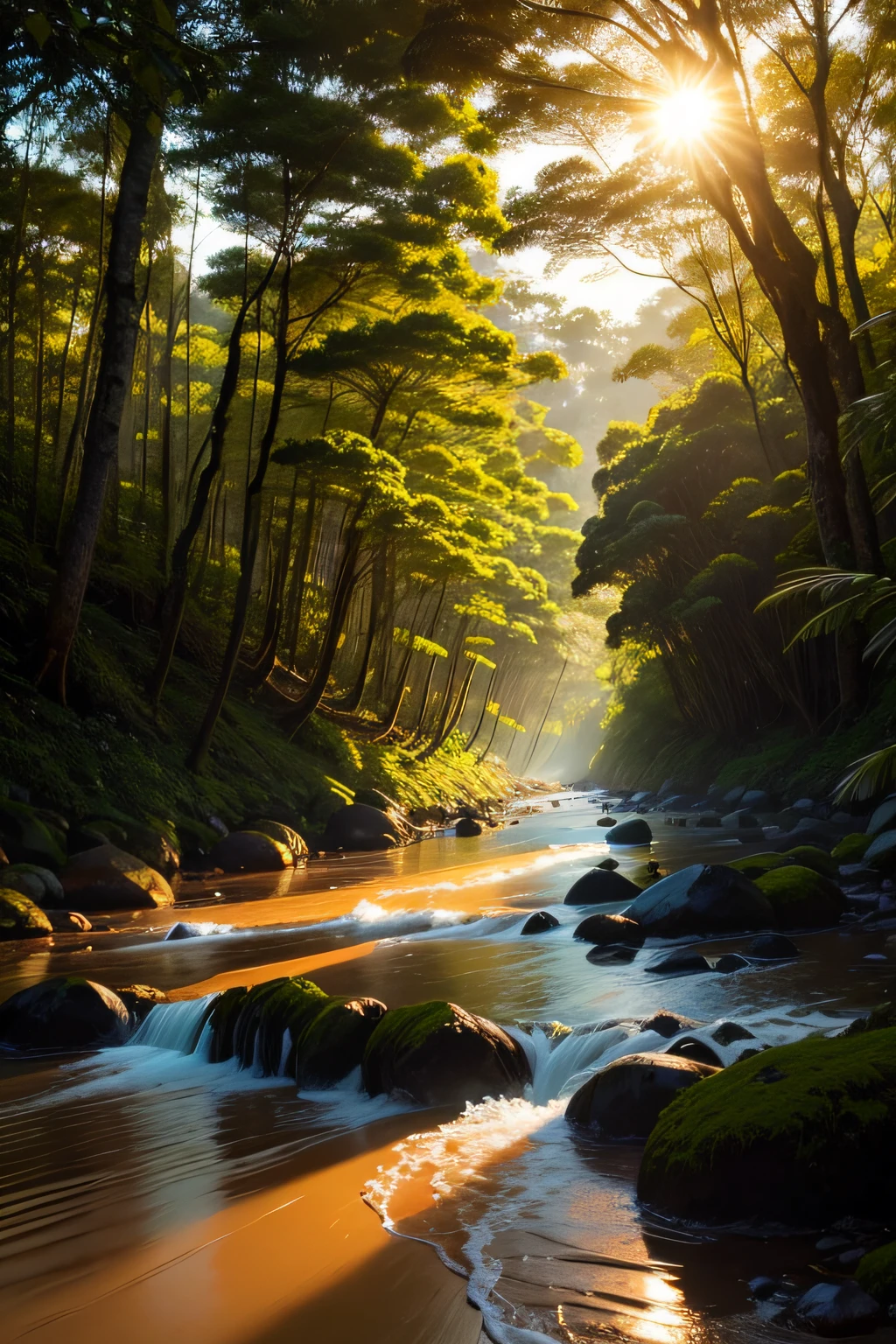 uma floresta com neves e um lindo por do sol