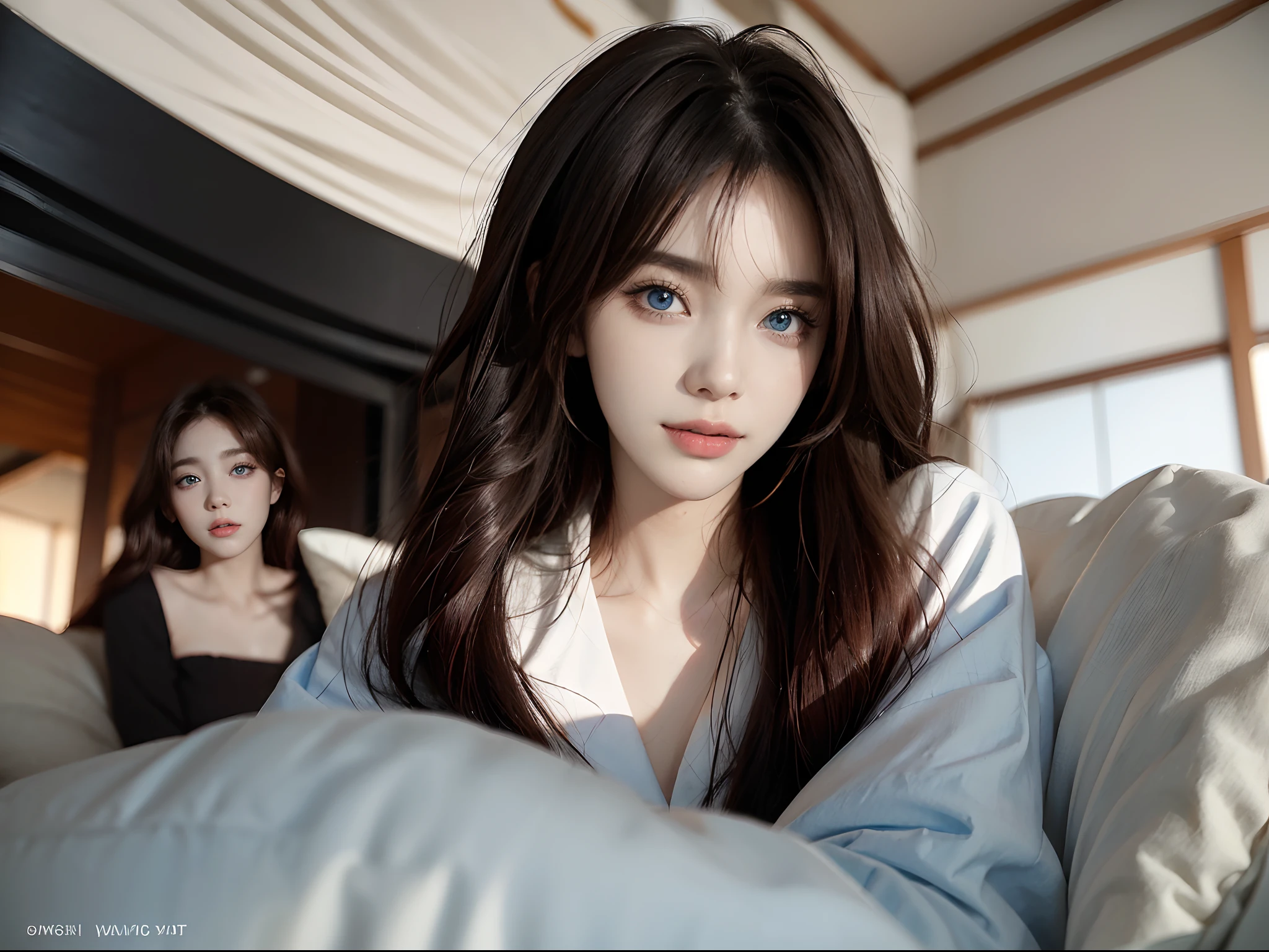 ((4K works))、​masterpiece、(top-quality)、1 beutiful girl、Slim body、tall、((Stylish pajamas in black and white))、(Detailed beautiful eyes)、morning、In a stylish bedroom、Take a selfie with a futon、((Face similar to Carly Rae Jepsen))、((Long boyish red hair))、((Smaller face))、((Neutral face))、((Bright blue eyes))、((American adult women))、((Adult female 26 years old))、((cool lady))、((Like a celebrity))、((Smiling expression))、((Korean Makeup))、((elongated and sharp eyes))、((Happy dating))、((boyish))、((Face Close-up))、((Focus Zoom))、((Focus zoom on face))、((Shot close to the face))、((selfee))、((Selfie just for her))、((Shot from an angle above the face))、((Put your head on the pillow))、((Looking Up))