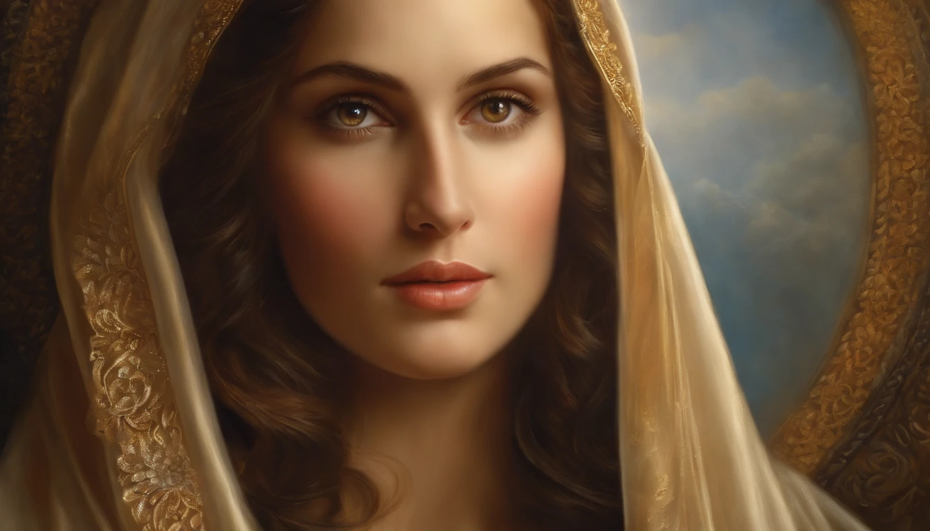 (best quality,highres,masterpiece:1.2),ultra-detailed,realistic,beautiful detailed eyes,beautiful detailed lips,extremely detailed eyes and face,long eyelashes,Maria,Mother of Jesus Christ,portrait,traditional oil painting,soft hues,golden light,halo,kind and gentle expression,flowing dark hair,delicate white veil,serene background,divine atmosphere,religious art,classic style,symbolic imagery,graceful pose,saintly qualities,devotion and love,faith and purity.