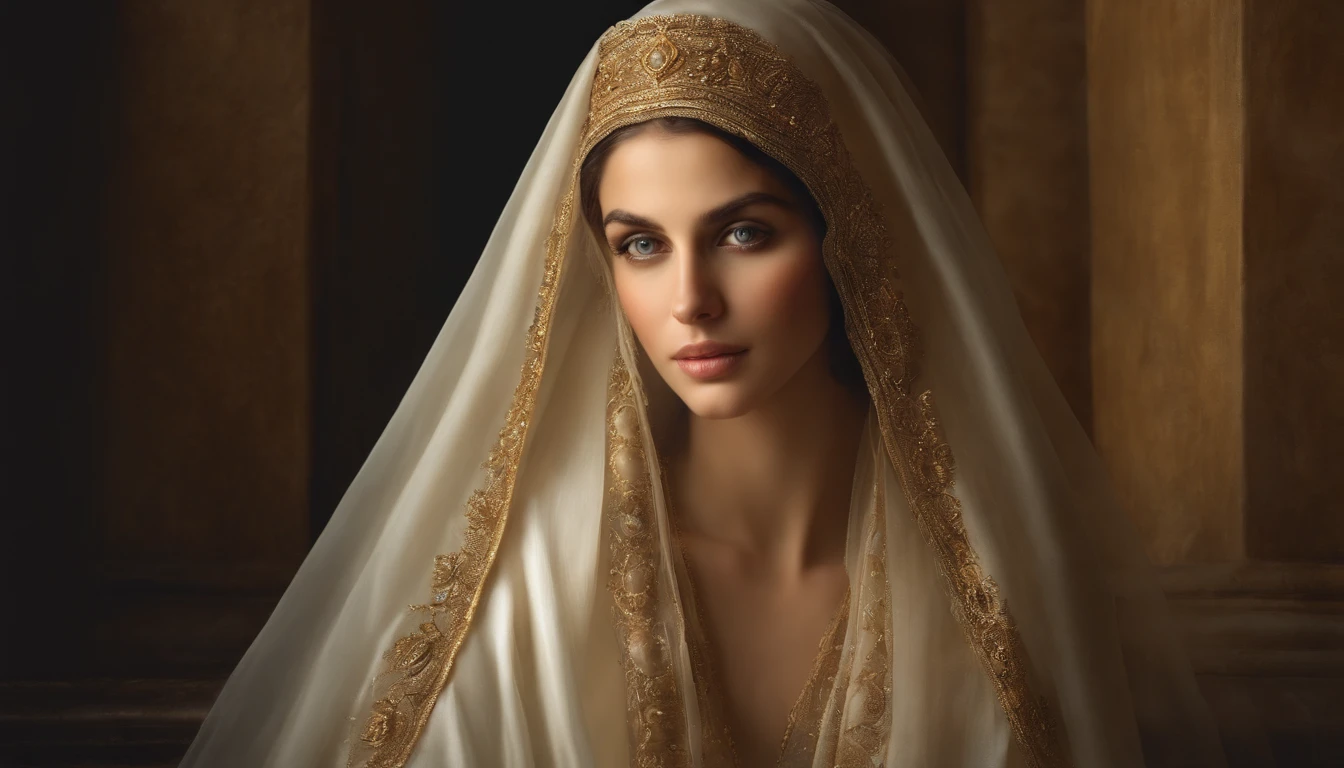 (best quality,highres,masterpiece:1.2),ultra-detailed,realistic,beautiful detailed eyes,beautiful detailed lips,extremely detailed eyes and face,long eyelashes,Maria,Mother of Jesus Christ,portrait,traditional oil painting,soft hues,golden light,halo,kind and gentle expression,flowing dark hair,delicate white veil,serene background,divine atmosphere,religious art,classic style,symbolic imagery,graceful pose,saintly qualities,devotion and love,faith and purity.