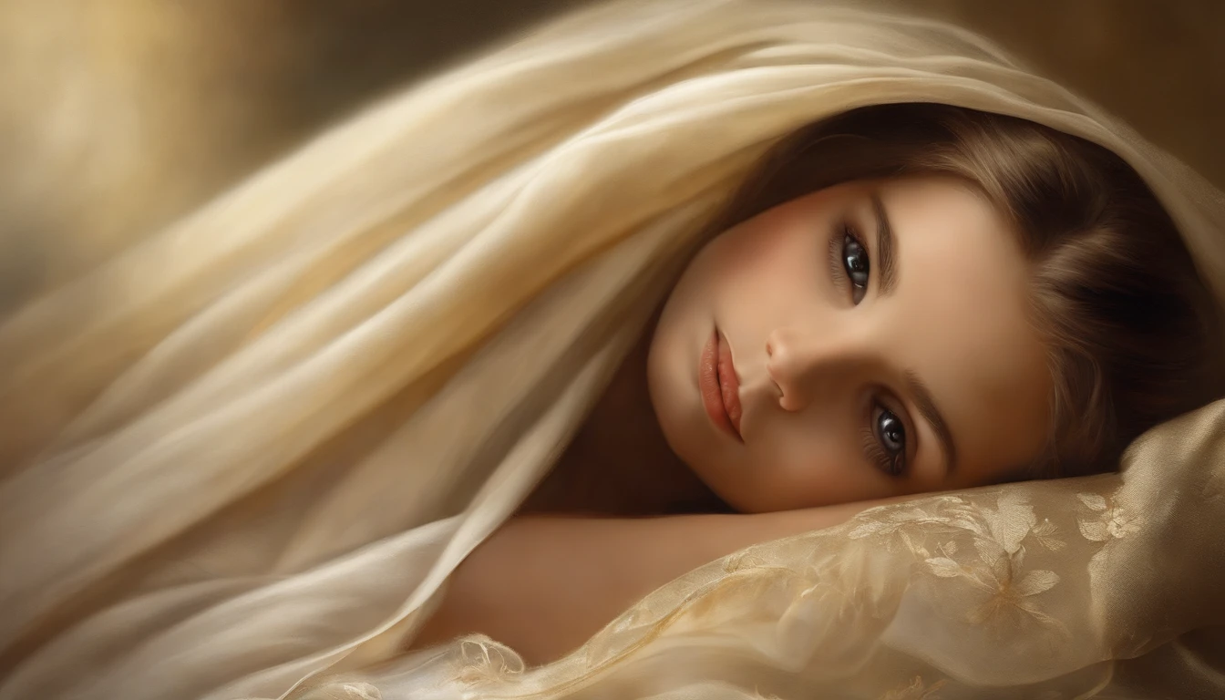 (best quality,highres,masterpiece:1.2),ultra-detailed,realistic,beautiful detailed eyes,beautiful detailed lips,extremely detailed eyes and face,long eyelashes,Maria,Mother of Jesus Christ,portrait,traditional oil painting,soft hues,golden light,halo,kind and gentle expression,flowing dark hair,delicate white veil,serene background,divine atmosphere,religious art,classic style,symbolic imagery,graceful pose,saintly qualities,devotion and love,faith and purity.