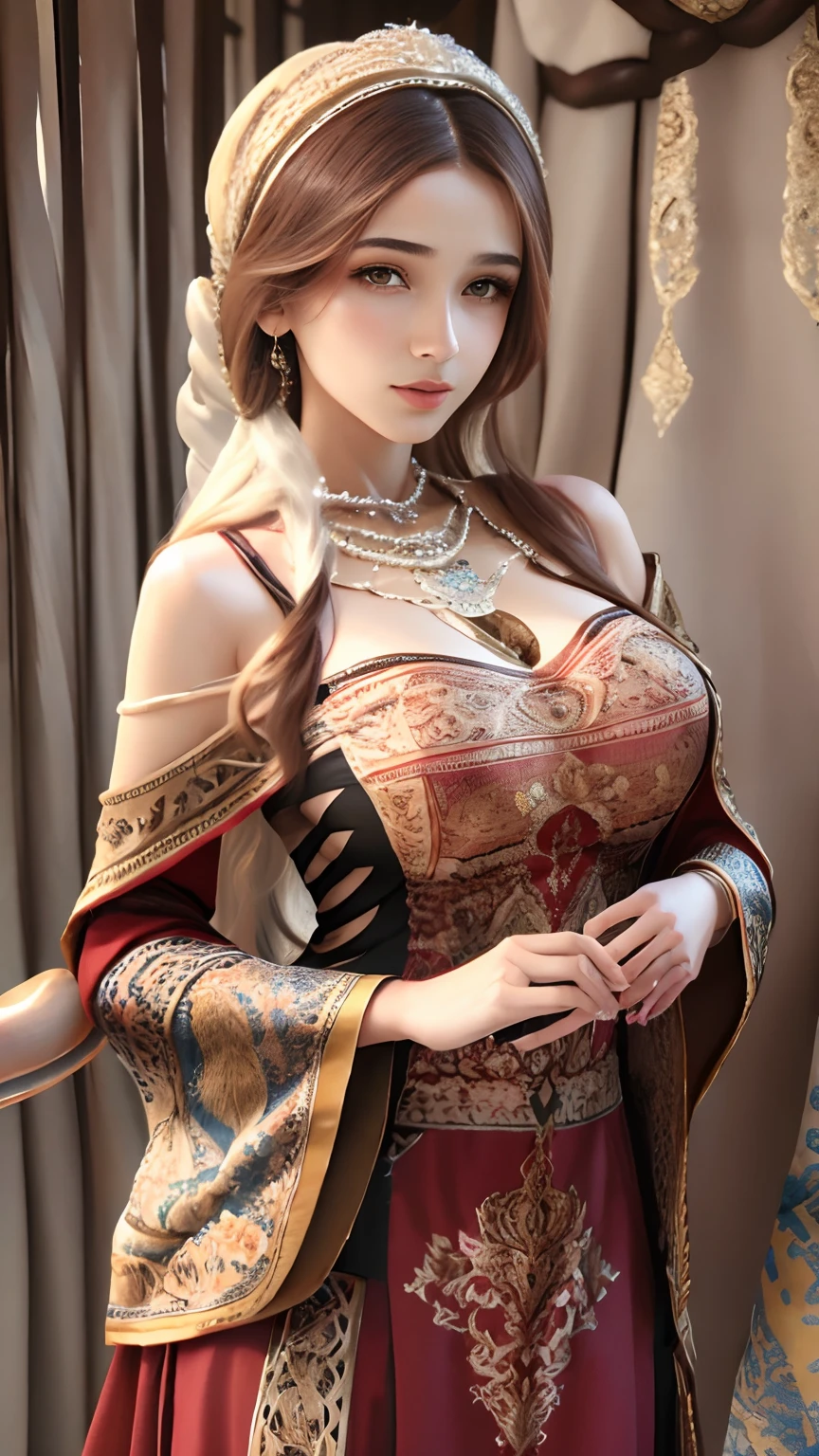 (best quality, highres:1.2),ultra-detailed,photorealistic,portrait,landscape, Safavid dress,beautiful detailed eyes,lips,gorgeous facial features,Iranian beauty,traditional clothing,rich and vibrant colors,elegant and intricate embroidery,ornate headpiece,flowing and luxurious fabric,serene expression,natural lighting,scenic background,picturesque garden,peaceful atmosphere,creative composition,exquisite details,soft and warm color palette,harmonious blend of culture and nature