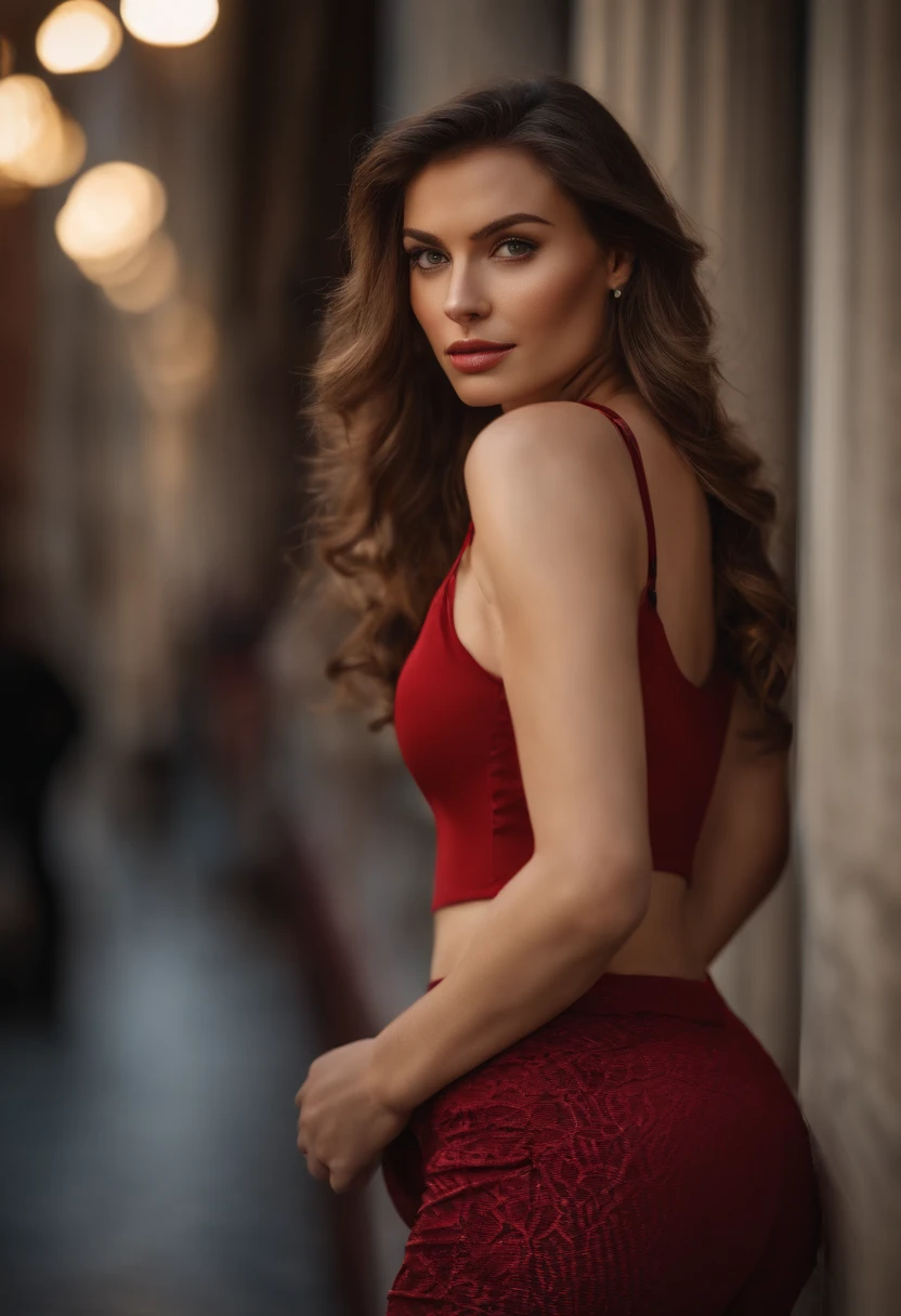 Hermosa mujer con cabello largo y rubio ondulado, Ojos seductores detallados, piernas largas y sexys, usar pantalones cortos diminutos, Camiseta roja Crop Top, en el estacionamiento de un centro comercial, ((Detailed facial features)), (Piel finamente detallada), Pale skin, textura realista de la piel, Detalles extremos de la piel, (Poros:0.1), En el fondo hermosa ciudad cyberpunk futurista, Obra maestra de mejor calidad, fotorrealista, Hiperrealista, Detallado, 8k, HDR, (Color suave: 1.2), poca profundidad de campo, Luz amplia, alto contraste, Contre-Jour, florecer, Destellos ligeros, chromatic abberation, foco nítido, Foto en color RAW, sin desenfoque de fondo, tetas grandes