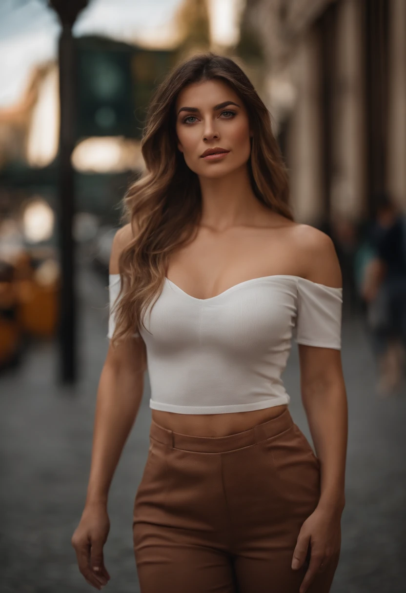 Hermosa mujer con cabello largo y rubio ondulado, Ojos seductores detallados, piernas largas y sexys, usar pantalones cortos diminutos, Camiseta roja Crop Top, en el estacionamiento de un centro comercial, ((Detailed facial features)), (Piel finamente detallada), Pale skin, textura realista de la piel, Detalles extremos de la piel, (Poros:0.1), En el fondo hermosa ciudad cyberpunk futurista, Obra maestra de mejor calidad, fotorrealista, Hiperrealista, Detallado, 8k, HDR, (Color suave: 1.2), poca profundidad de campo, Luz amplia, alto contraste, Contre-Jour, florecer, Destellos ligeros, chromatic abberation, foco nítido, Foto en color RAW, sin desenfoque de fondo, tetas grandes