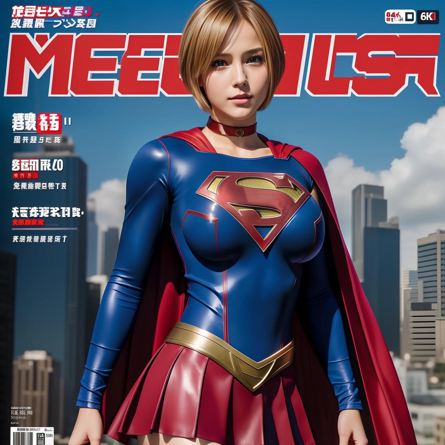 (Best Quality,4K,8K,hight resolution,masutepiece:1.2),Ultra-detailed,Realistic:1.37,Super masterpiece,Short-haired Supergirl、large full breasts、Looking at the camera、Glossy costume、a choker、Too short miniskirt、Magazine covers、movie