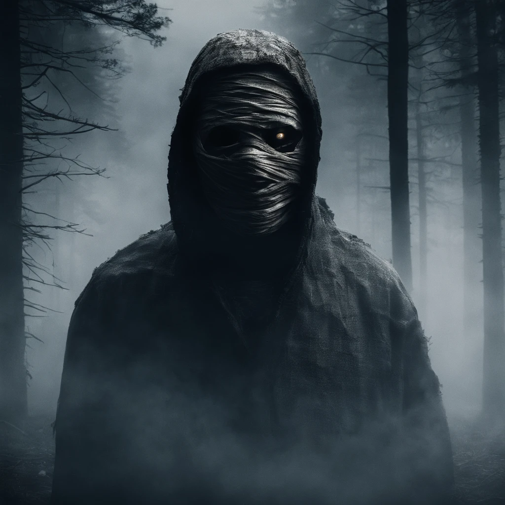 make me a cinematic cover art for a hit single featuring a close up shot of a mummy with bandages covering his entire face and shadowy scary eyes with a cinematic foggy pine forest background