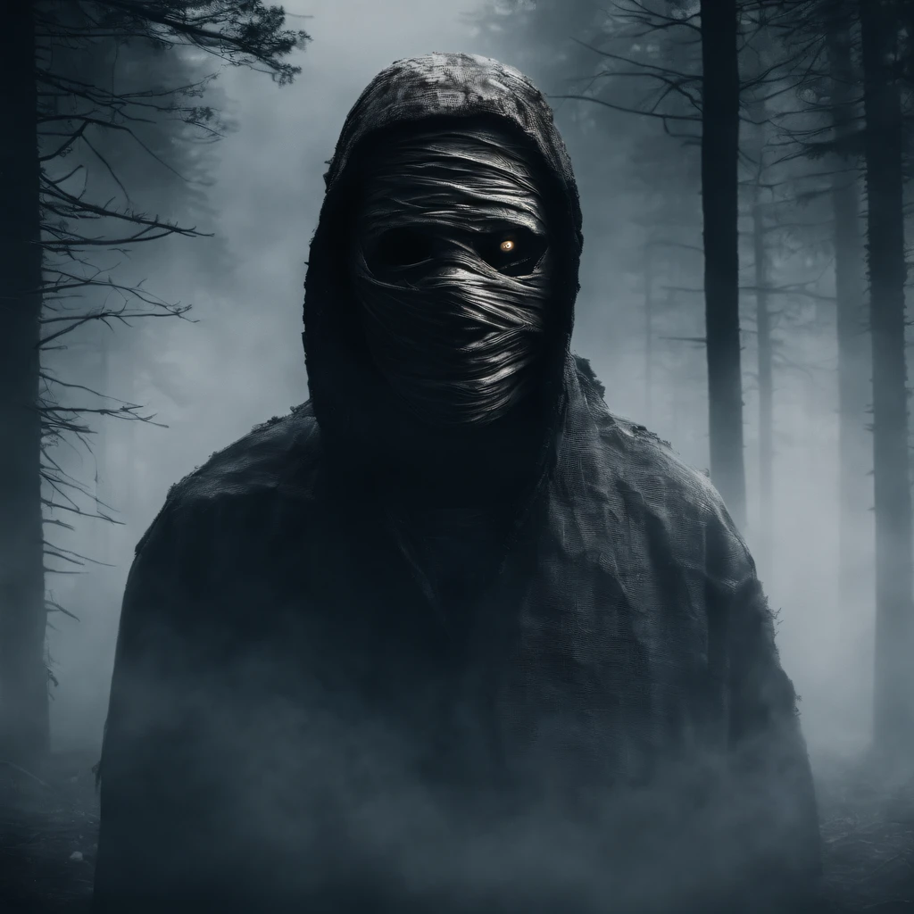make me a cinematic cover art for a hit single featuring a close up shot of a mummy with bandages covering his entire face and shadowy scary eyes with a cinematic foggy pine forest background