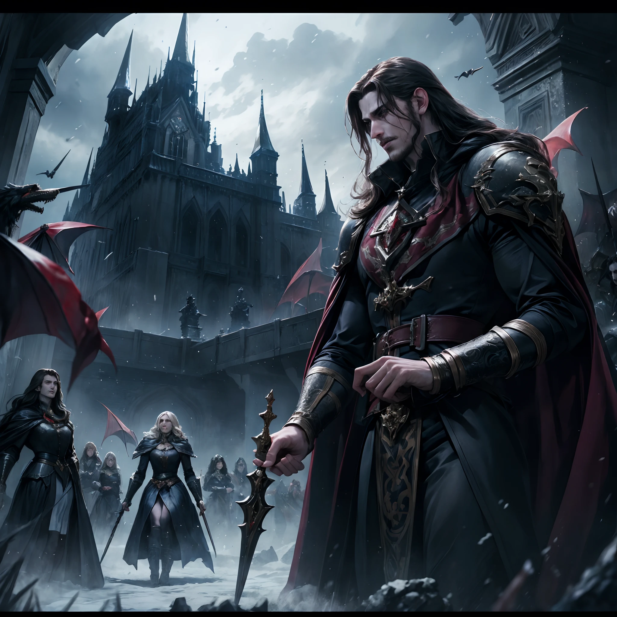 Castlevania Lord of the shadows hyper realistic super detailed Dynamic shot master piece scene cinématique scènes movie Epic Legendary Lord Dracula leading troops army of demons to battle sharp détails cinématique