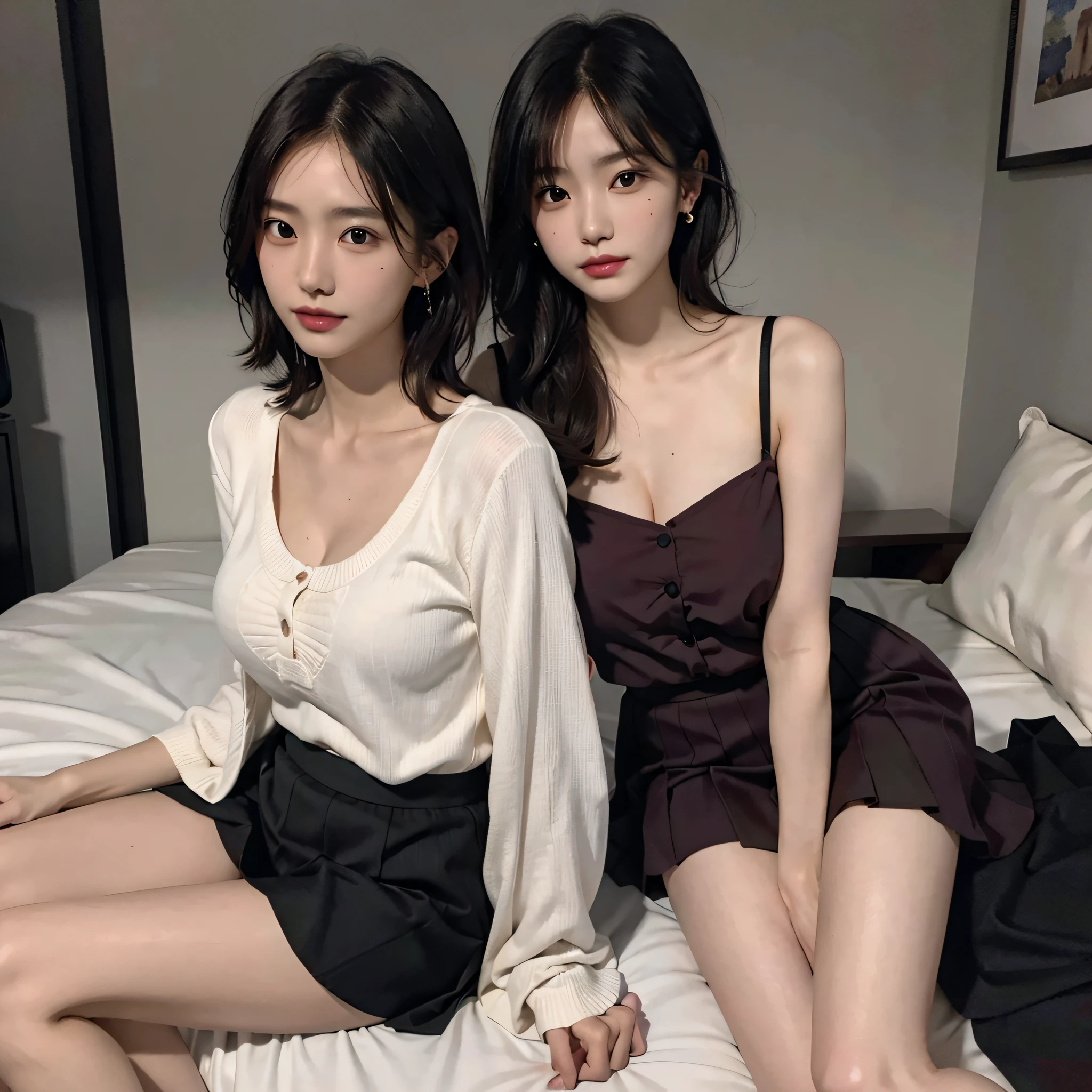 (yuri), (2 girls), (((very huge round breasts))), (full body shot), short hair, wavy hair, (((skirt suit))), absurdres, RAW photo, extremely delicate and beautiful, masterpiece, Best Quality, ultra high resolution, 16k, hyperrealistic, ultra-detailed, Very detailed CG 8k wallpaper, Beautiful Lighting, Perfect Lightning, Realistic Shadows, perfect anatomy, super Detailed skin, perfect figure, Japanese woman, late 20s, very Slim body, narrow waist, very small head, handsome detailed woman, very detailed eyes and face, realistic face proportions, Stunning detailed eyes, Realistic beautiful face, very small face, Realistic small beautiful eyes, double eyelids, makeup, tearful mole, mole on chest, earring, bare legs, beautiful and very thin legs, beautiful and very thin thighs,