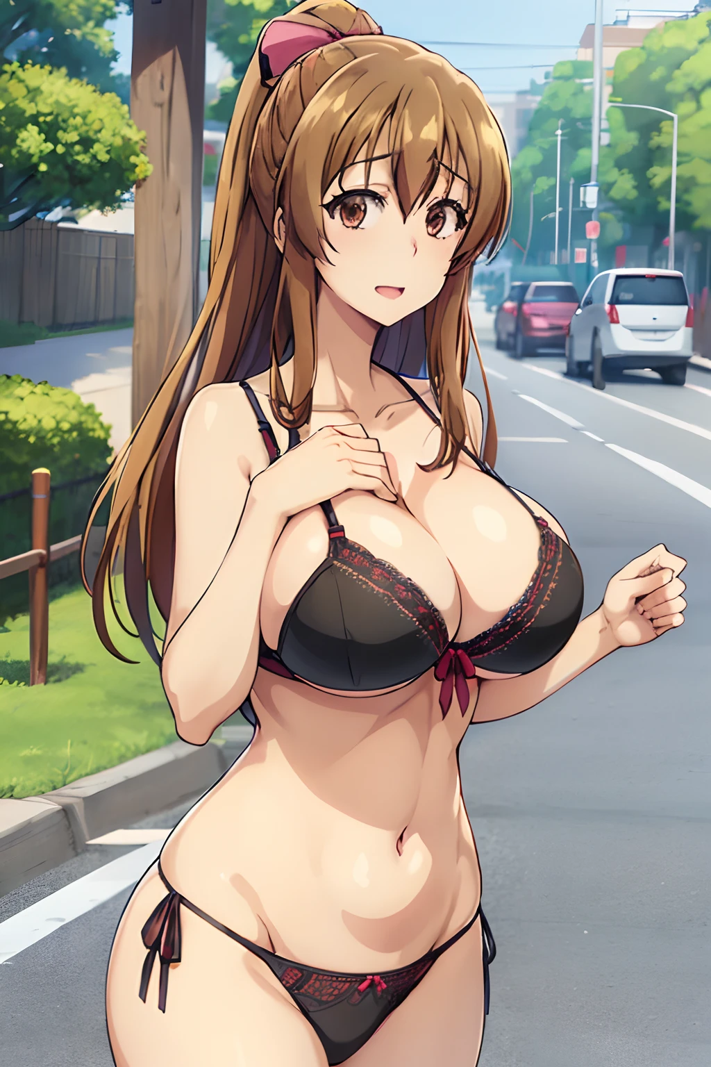 (huge tits), (sexy panties, bra), (single hair bund hair style), best quality, (masterpiece:1.2), highly detailed, street, 1girl, kotegawa nanaka, looking at viewer, slight smile, open mouth, brown eyes, brown hair, bikini, cleavage, busty