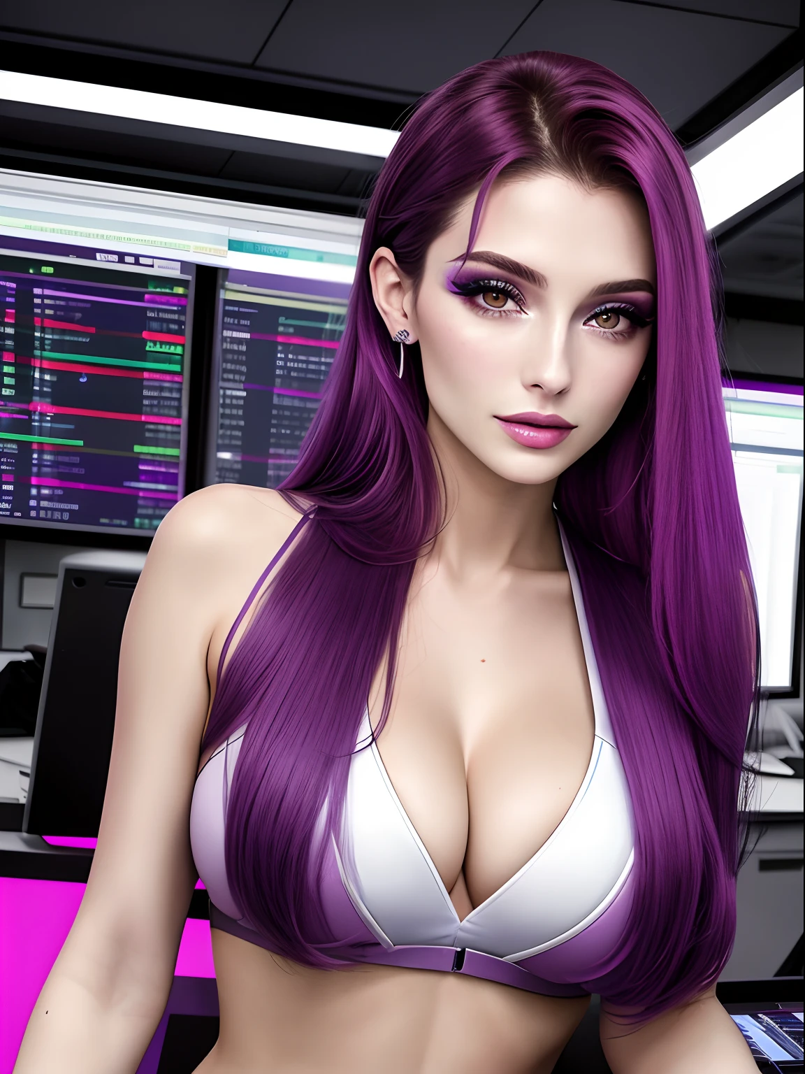 bella donna con capelli biondi, bellissimi occhi viola, 20 anni, corpo sensuale, seduta in un ufficio futuristico, colori al neon, trading, con sfondi di immagini di trading.