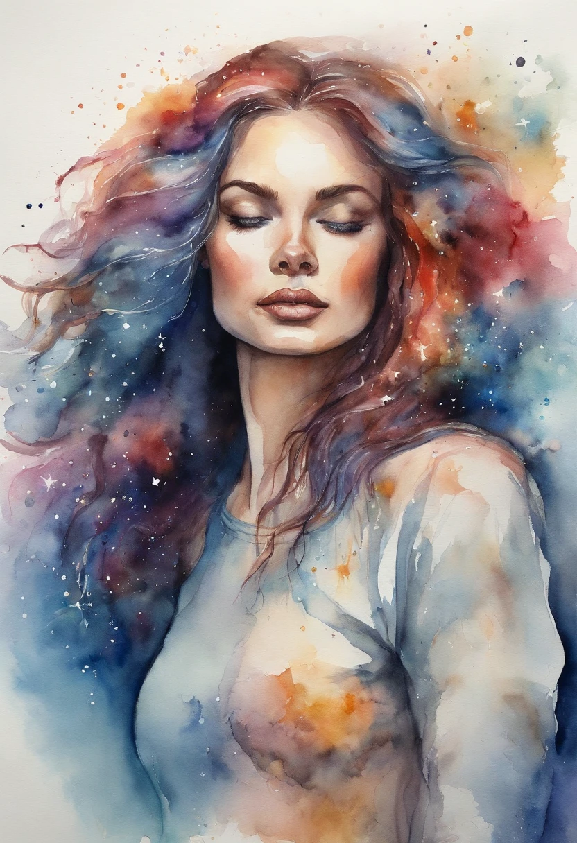 girl in outer space, flowing bright hair, light of a thousand stars