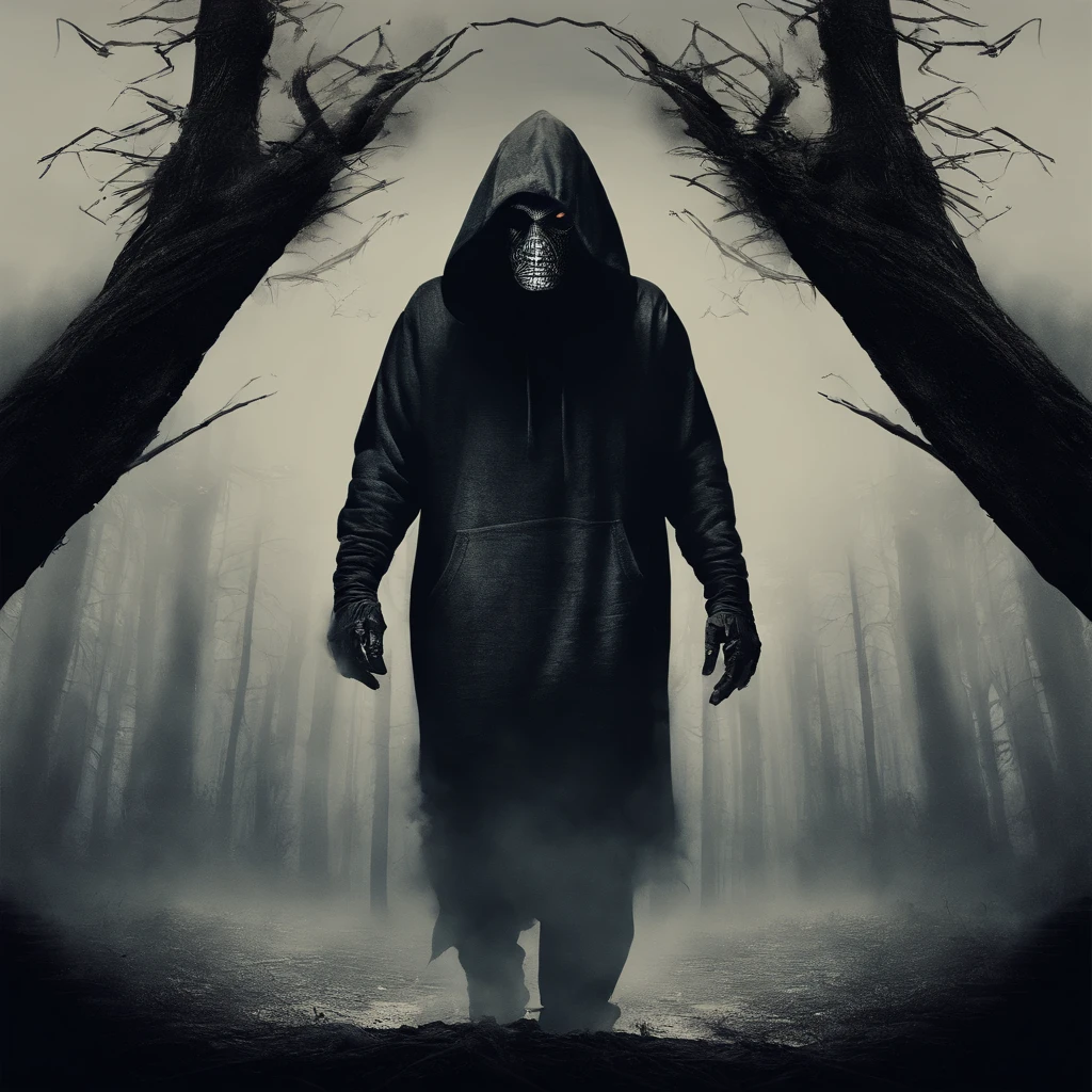make me a cinematic cover art for a hit single featuring a close up shot of a mummy wearing a black hoodie over bandages covering his entire face and shadowy scary eyes with a cinematic foggy pine forest background