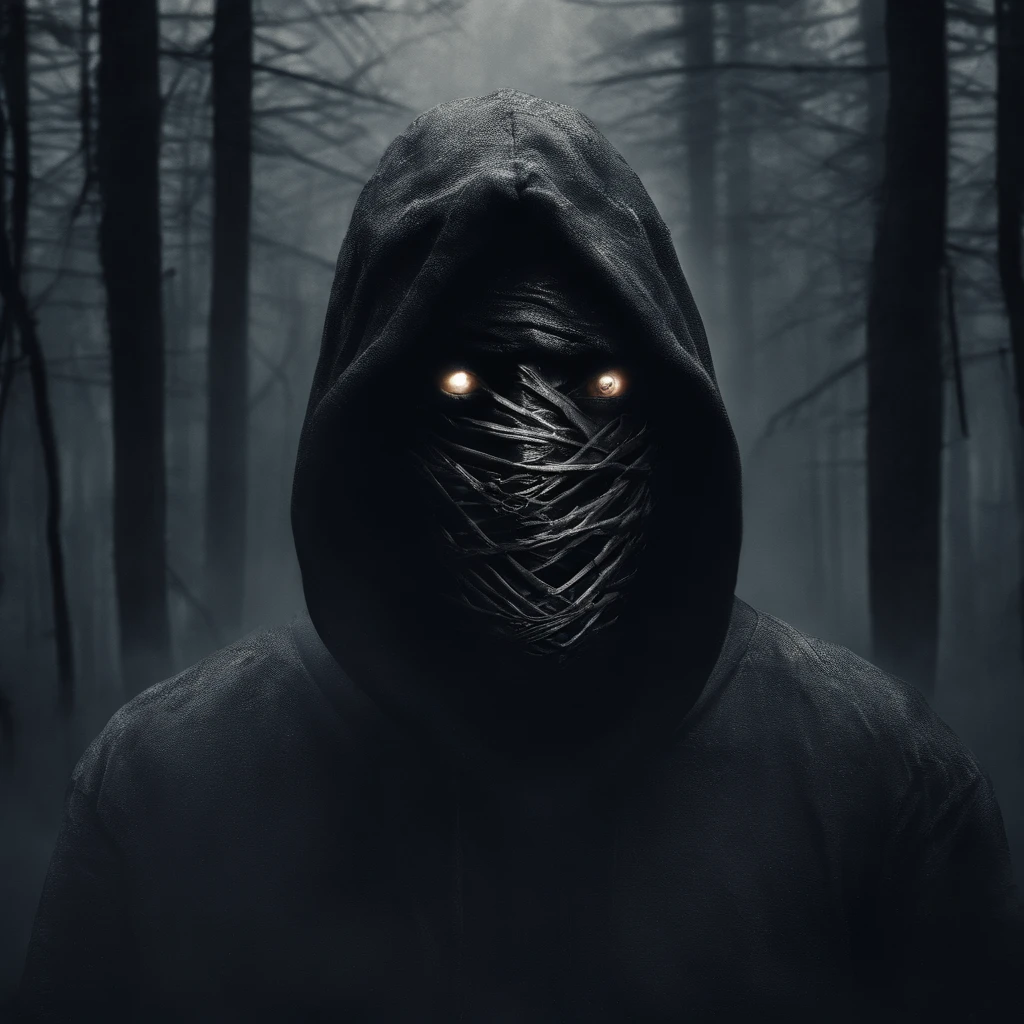 make me a cinematic cover art for a hit single featuring a close up shot of a mummy wearing a black hoodie over bandages covering his entire face and shadowy scary eyes with a cinematic foggy pine forest background