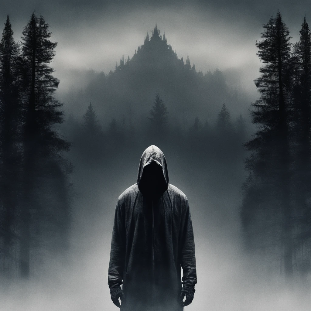 make me a cinematic cover art for a hit single featuring a close up shot of a mummy wearing a black hoodie over bandages covering his entire face and shadowy scary eyes with a cinematic foggy pine forest background