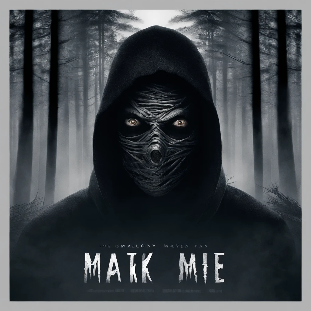 make me a cinematic cover art for a hit single featuring a close up shot of a mummy wearing a black hoodie over bandages covering his entire face and shadowy scary eyes with a cinematic foggy pine forest background