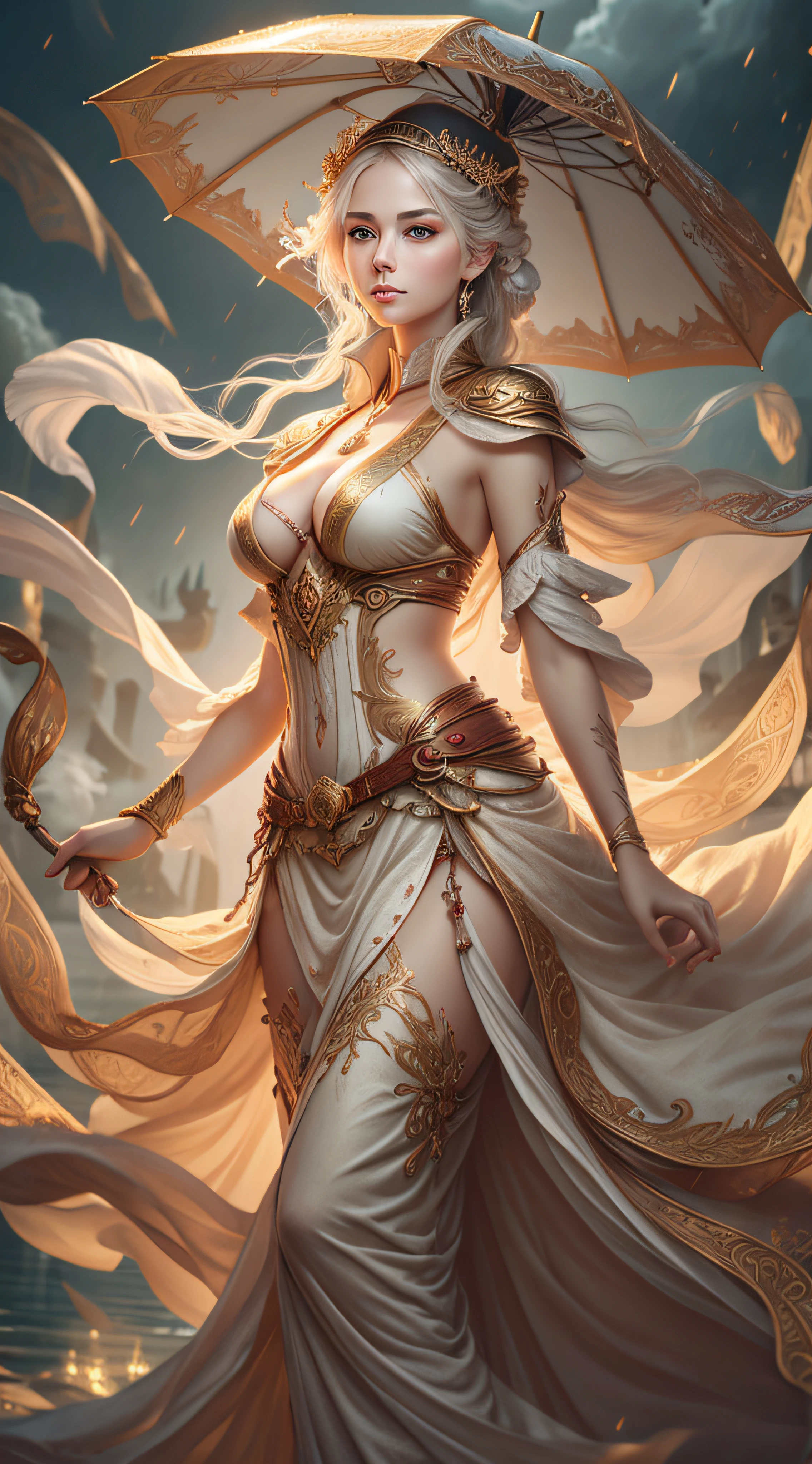 Woman with umbrella, Dan phoenix eyes, feminine expression, ancient style, floating in the air, delicate face, dark sky background, big breasts, clothes red, white and gold color scheme, extreme details, realistic light, epic composition, (intricate details), (intricate design, ultra details: 1.2), art station, (masterpiece, best quality), ultra hd, 32k --v 6