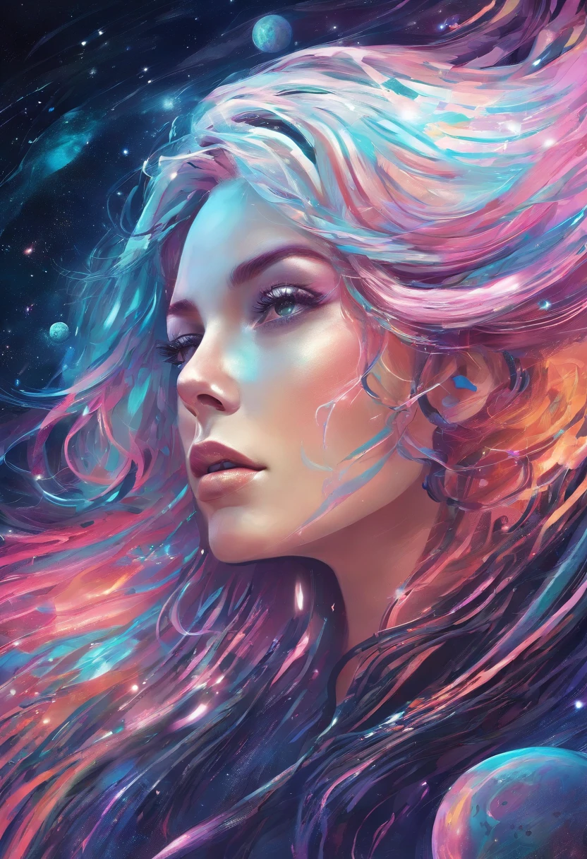 girl in outer space, flowing bright hair, light of a thousand stars