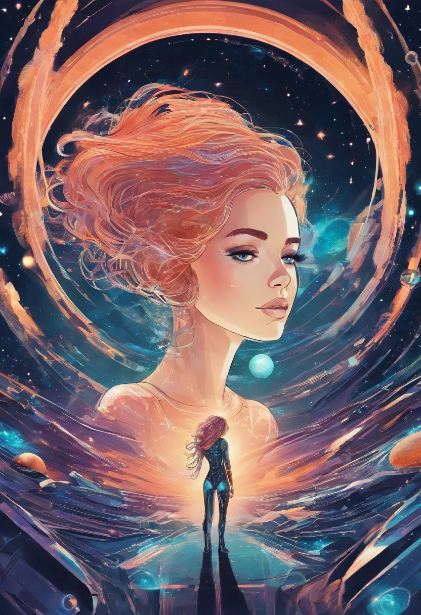 girl in outer space, flowing bright hair, light of a thousand stars