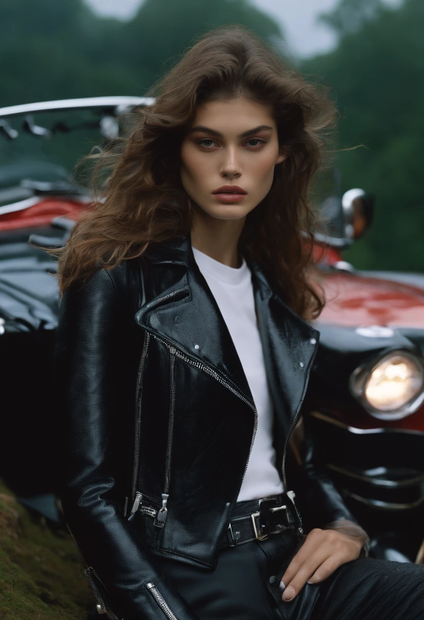 Asian appearance, Curly-haired top model with long brown hair Kaia Gerber in the rain from Tim Walker shoots a biker for balenciaga in a frankly sexy outfit , Street couple, Naked , sexy body , Smoking cigarettes with a gun , naked breasts, Sheer clothing