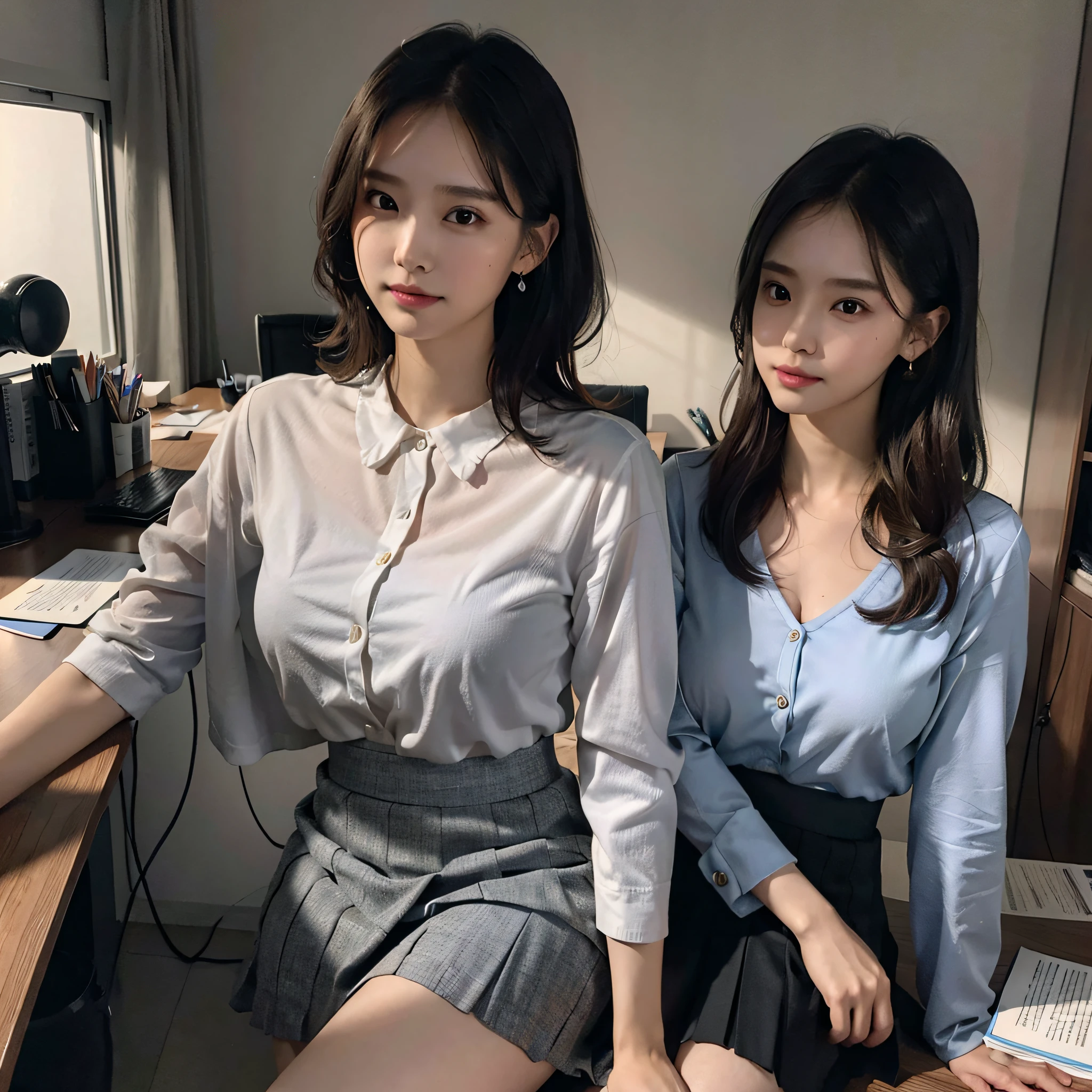 suit,2 lady,realistic,(ultra quality:1.2),japanese,high quality,masterpiece,(ultra detailed:1.4),japanese lady,beautiful face,(V-neck skirt-suit:1.1),((office)),slender,highres,