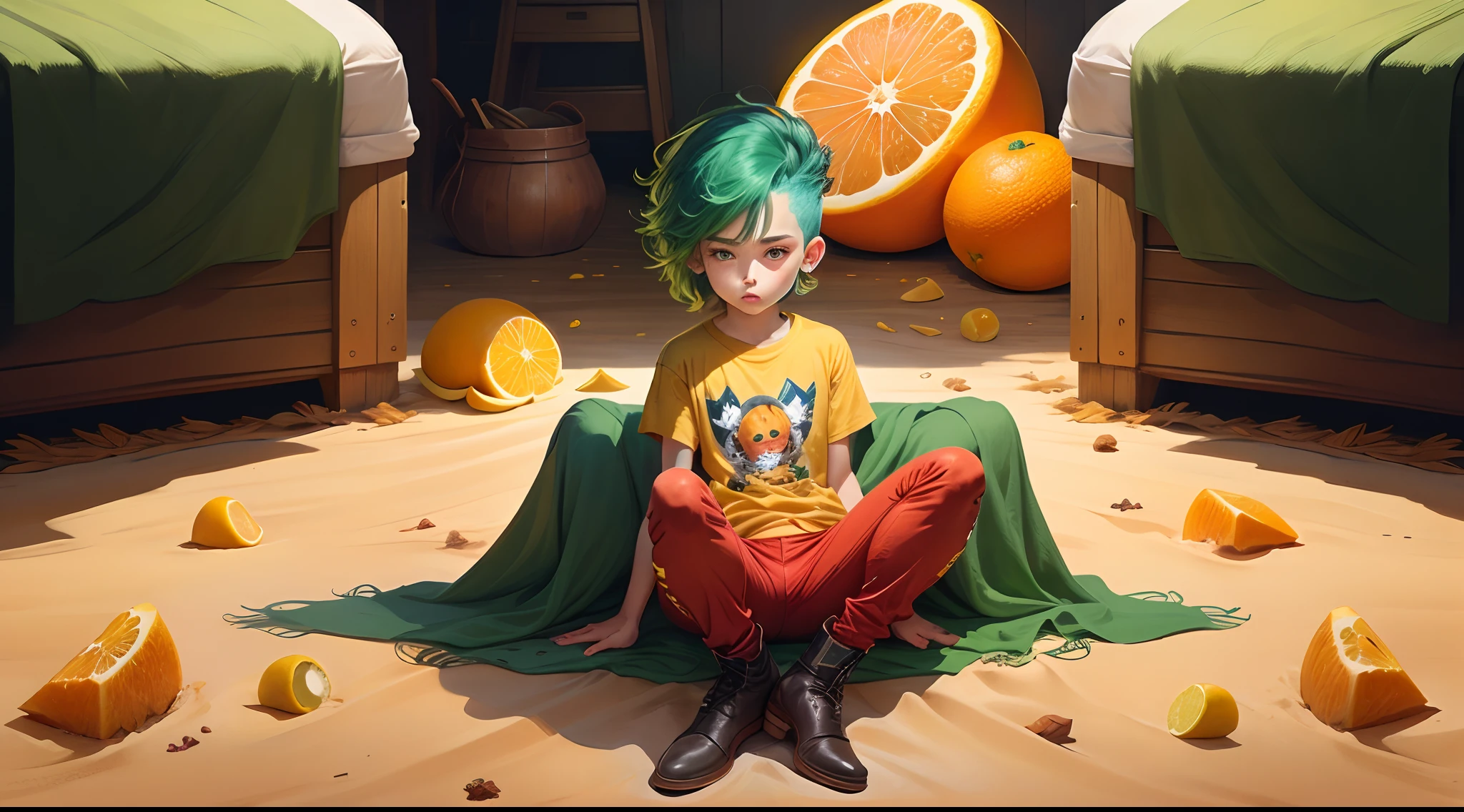 Superhero  with goosebumps green hair, camiseta vermelha, red pants, bota laranja e cinza e punho e soco