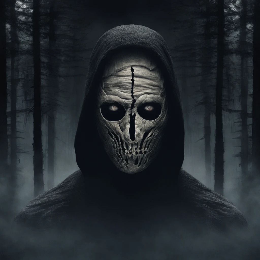 make me a cinematic cover art for a hit single featuring a close up shot of a mummy wearing a black hoodie over bandages covering his entire face and shadowy scary eyes with a cinematic foggy pine forest background