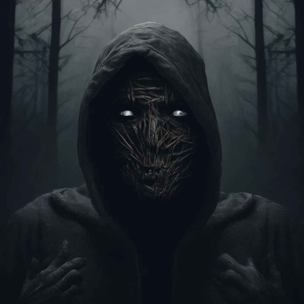make me a cinematic cover art for a hit single featuring a close up shot of a mummy wearing a black hoodie over bandages covering his entire face and shadowy scary eyes with a cinematic foggy pine forest background