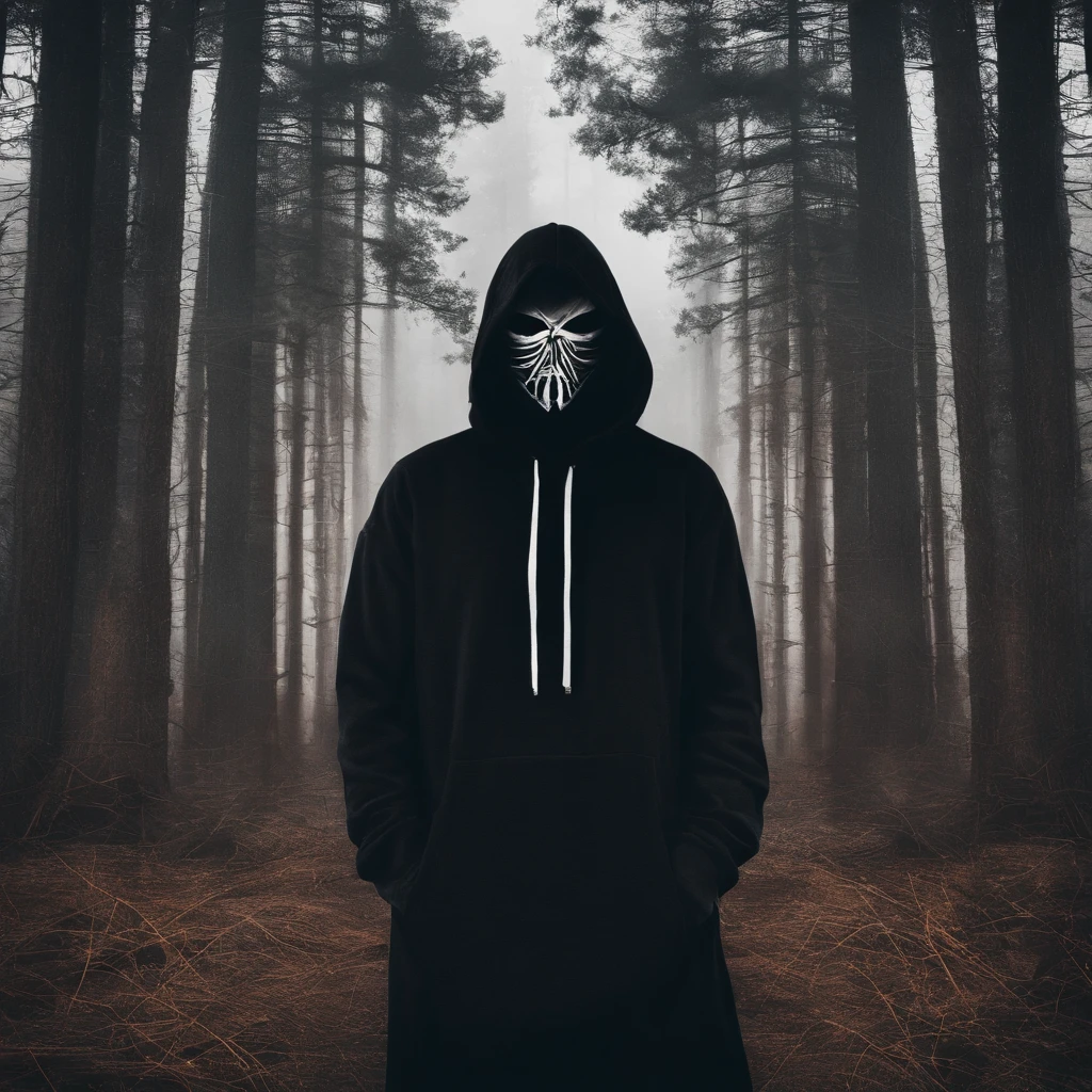 make me a cinematic cover art for a hit single featuring a close up shot of a mummy wearing a black hoodie over bandages covering his entire face and shadowy scary eyes with a cinematic foggy pine forest background