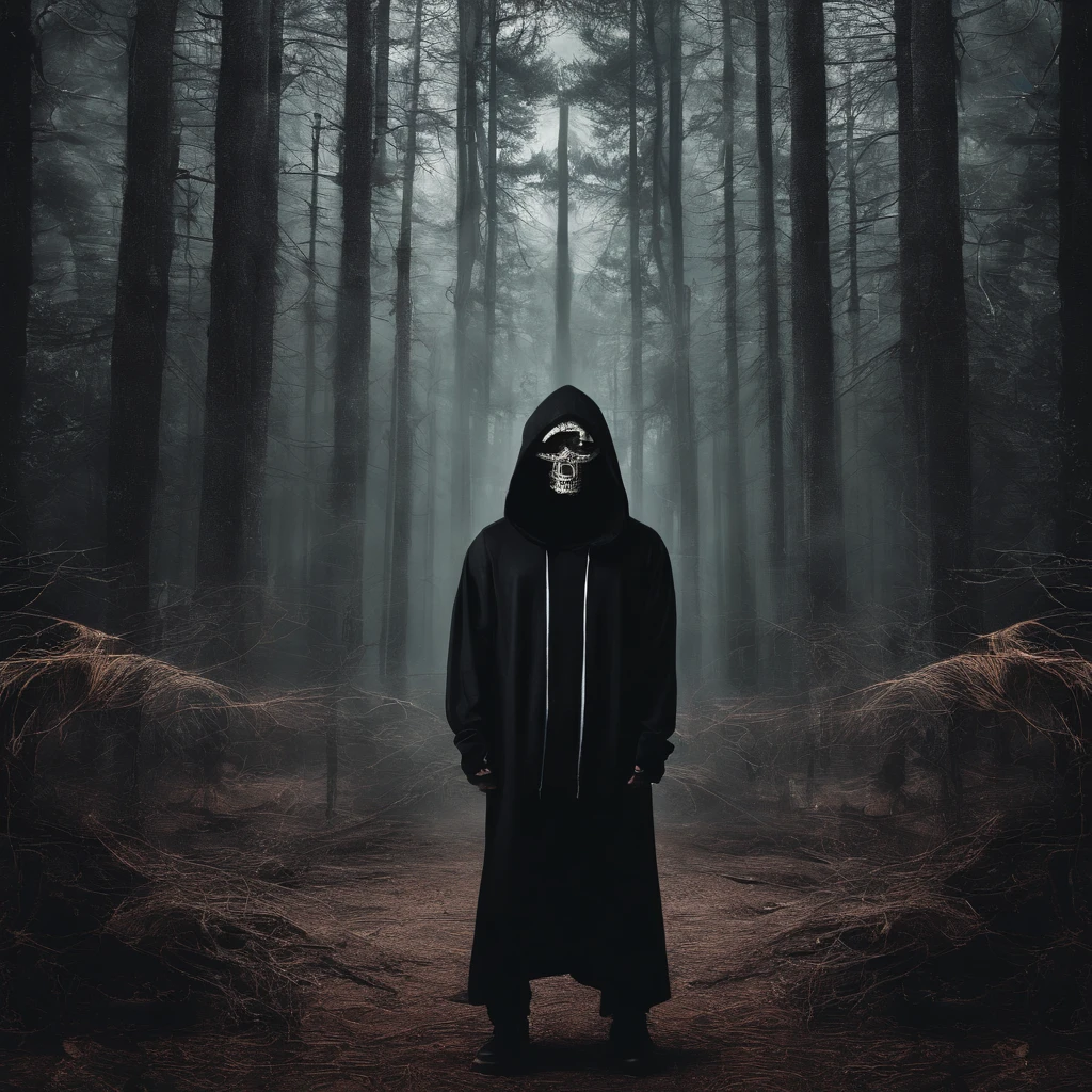 make me a cinematic cover art for a hit single featuring a close up shot of a mummy wearing a black hoodie over bandages covering his entire face and shadowy scary eyes with a cinematic foggy pine forest background