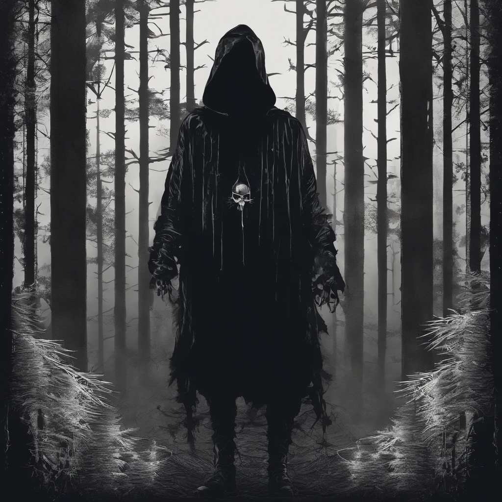 make me a cinematic cover art for a hit single featuring a close up shot of a mummy wearing a black hoodie over bandages covering his entire face and shadowy scary eyes with a cinematic foggy pine forest background