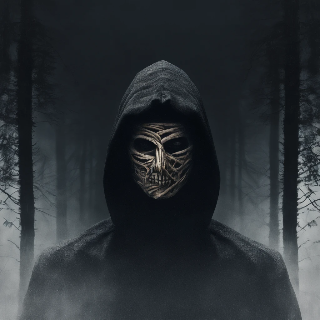 make me a cinematic cover art for a hit single featuring a close up shot of a mummy wearing a black hoodie over bandages covering his entire face and shadowy scary eyes with a cinematic foggy pine forest background