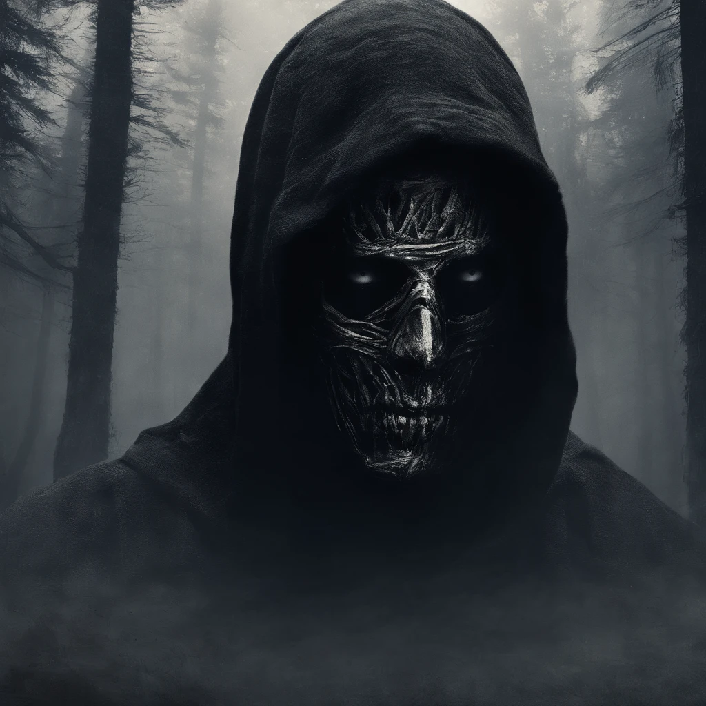 make me a cinematic cover art for a hit single featuring a close up shot of a mummy wearing a black hoodie over bandages covering his entire face and shadowy scary eyes with a cinematic foggy pine forest background